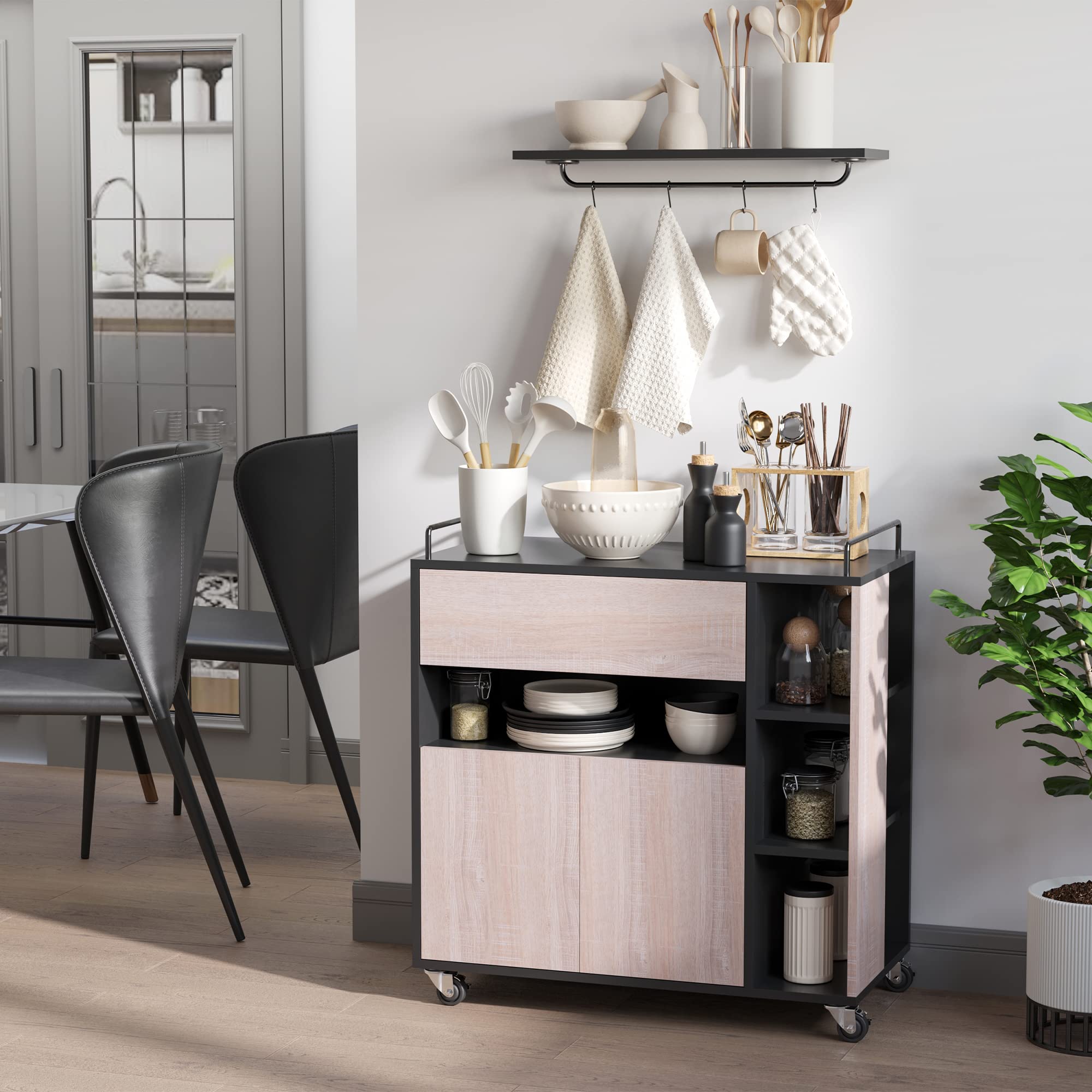 HOMCOM Carrello da Cucina Multiuso Moderno con Ruote 76,5x40x82cm Rovere | Cassetto, Anta in Legno