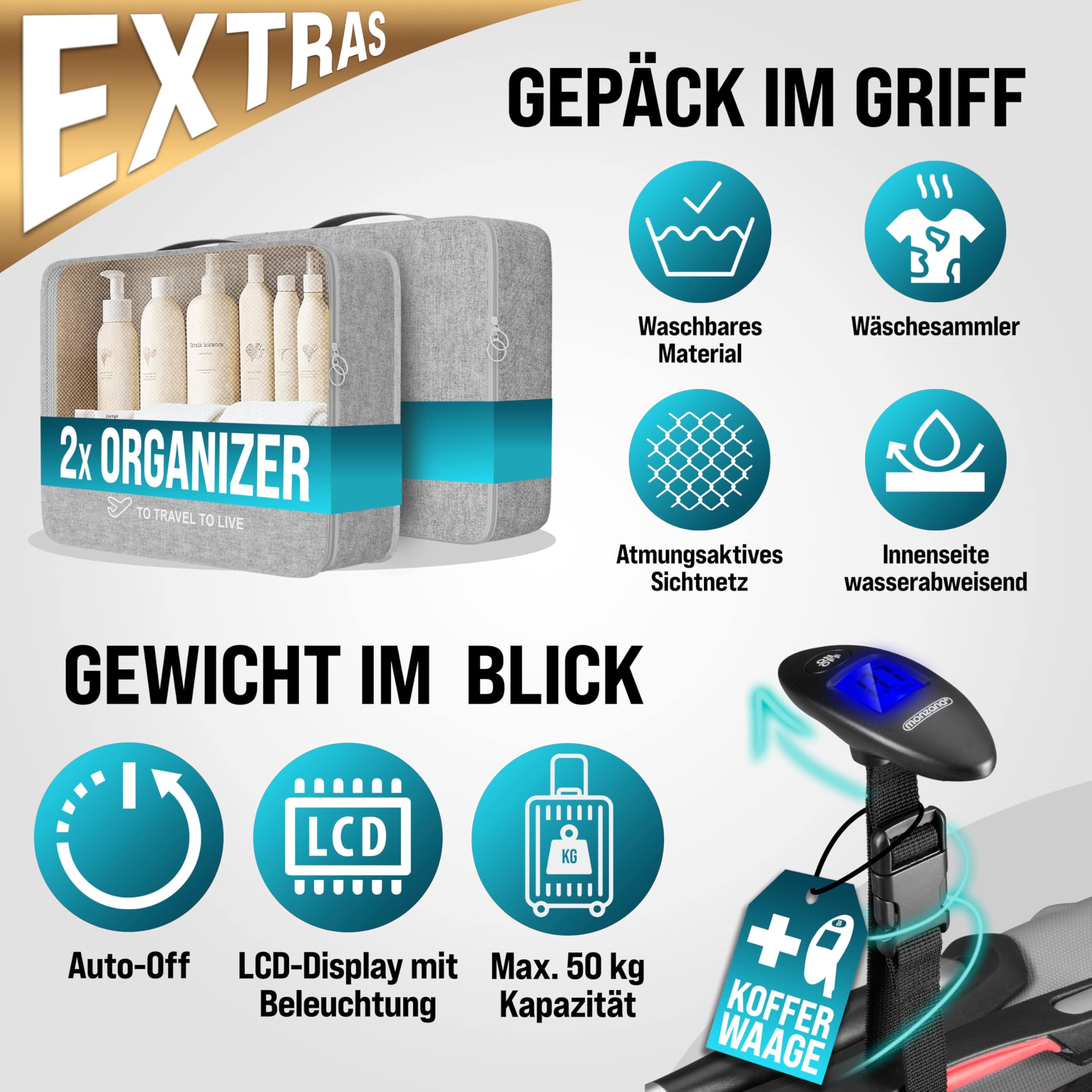 Monzana® 4tlg Kofferset Schloss Organizer Kofferwaage Gurt Gel-Griffe Zwillingsrollen Standfüße Trolley Reisekoffer Hartschale Koffer S-M-L-XL Silber