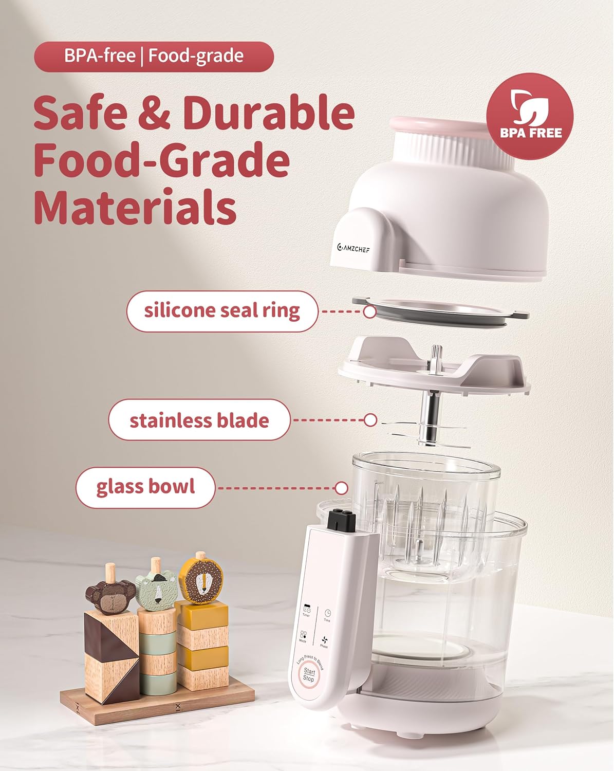 Diagram showing BPA-free and food-grade materials of the AMZCHEF F5 Baby Food Maker
