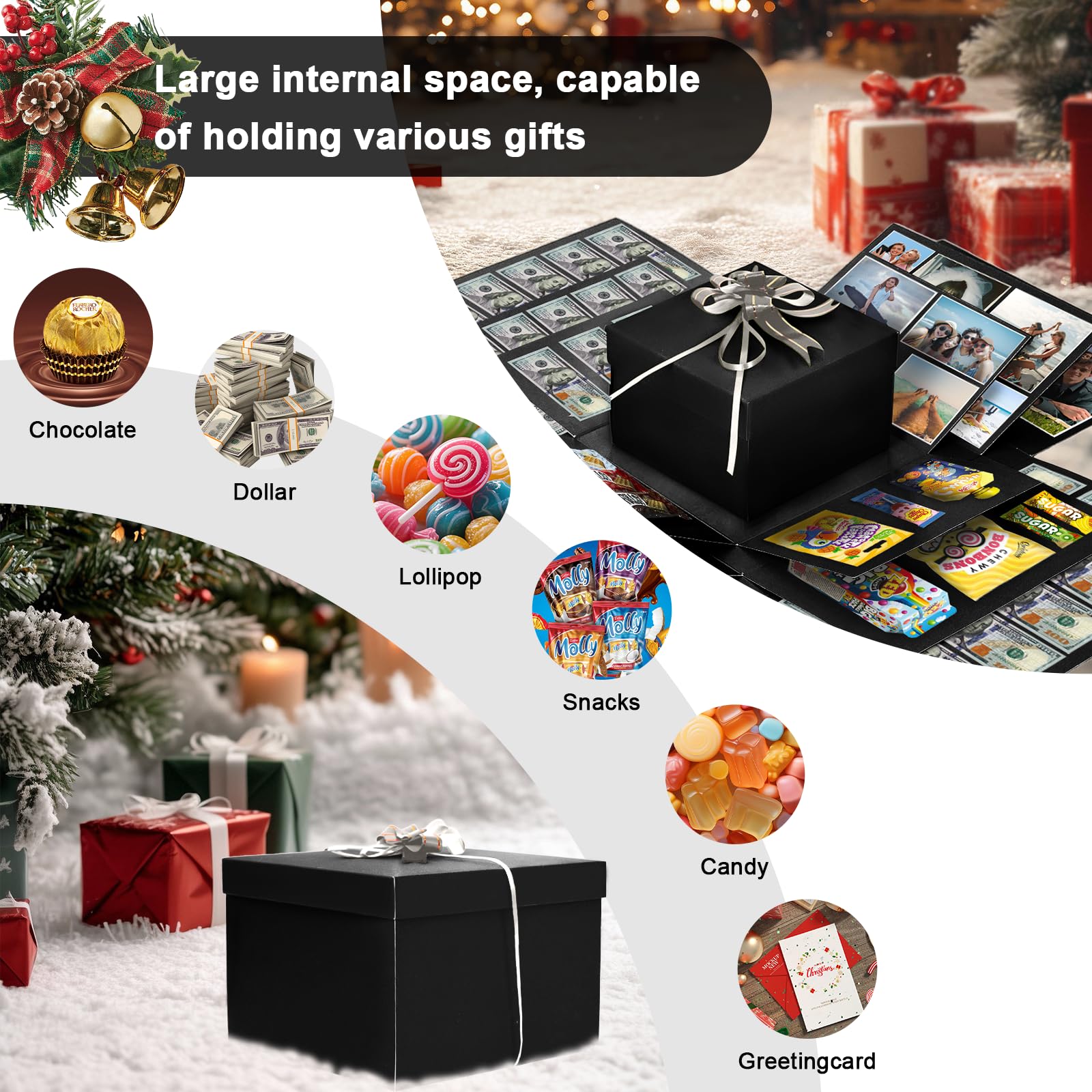 4-Layer Explosion Gift Box, 10''x10''x7'' Black Creative Gift Boxes for Presents, DIY Surprise Gift Box Explosion for Birthday Birthday Easter Mother's Day and Father's Day Anniversaries (Black)