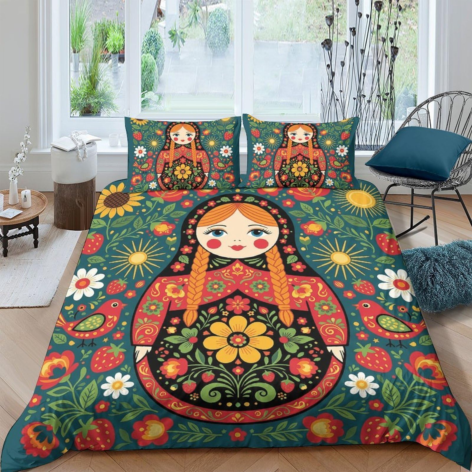 Ctjqhvkz Style-7 3D Printed Matryoshka Doll Fitted Sheet Microfiber Colourful Floral Russian Art Bed Cover For Bedroom Guest Room Decor Single（135X200cm）