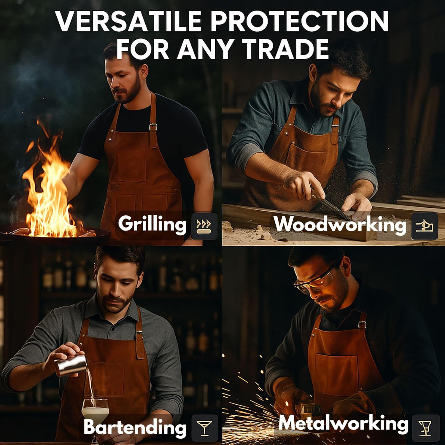 RUSTIC TOWN Leather Grill Work Apron with Tool Pockets ~ Adjustable up to XXL for Men & Women ~ Leather Tool Apron