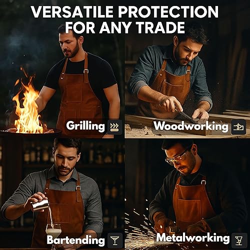 Miniatura 7 de RUSTIC TOWN Delantal de trabajo para parrilla de cuero con bolsillos para herramientas, ajustable hasta XXL para hombres y mujeres, delantal de