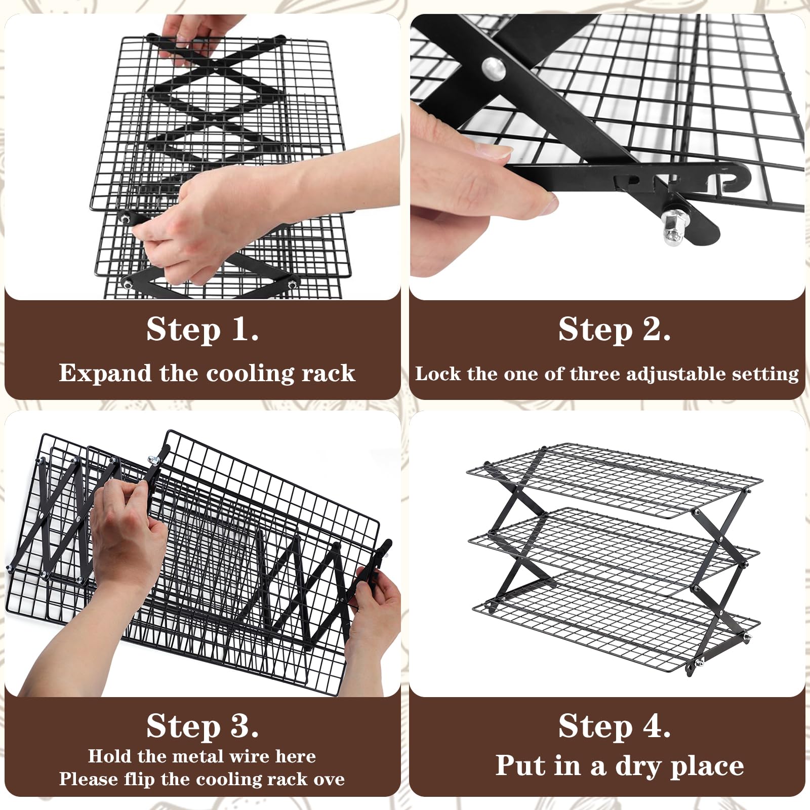 Pleafind Zusammenklappbares Kühlgitter mit 3 Ebenen, 3 Einstellungen, verstellbares und stapelbares Backregal, 5 Modi, Kühlgitter zum Kochen und Backen, Braten und Grillen, Geschenke für