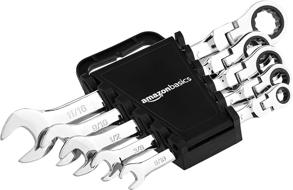 Amazon Basics 72-Tooth Ratcheting Combination Wrench Set, Chrome Vanadium Steel Flexible Head, 5-Piece SAE Sizes 5/16", 3/8", 1/2"