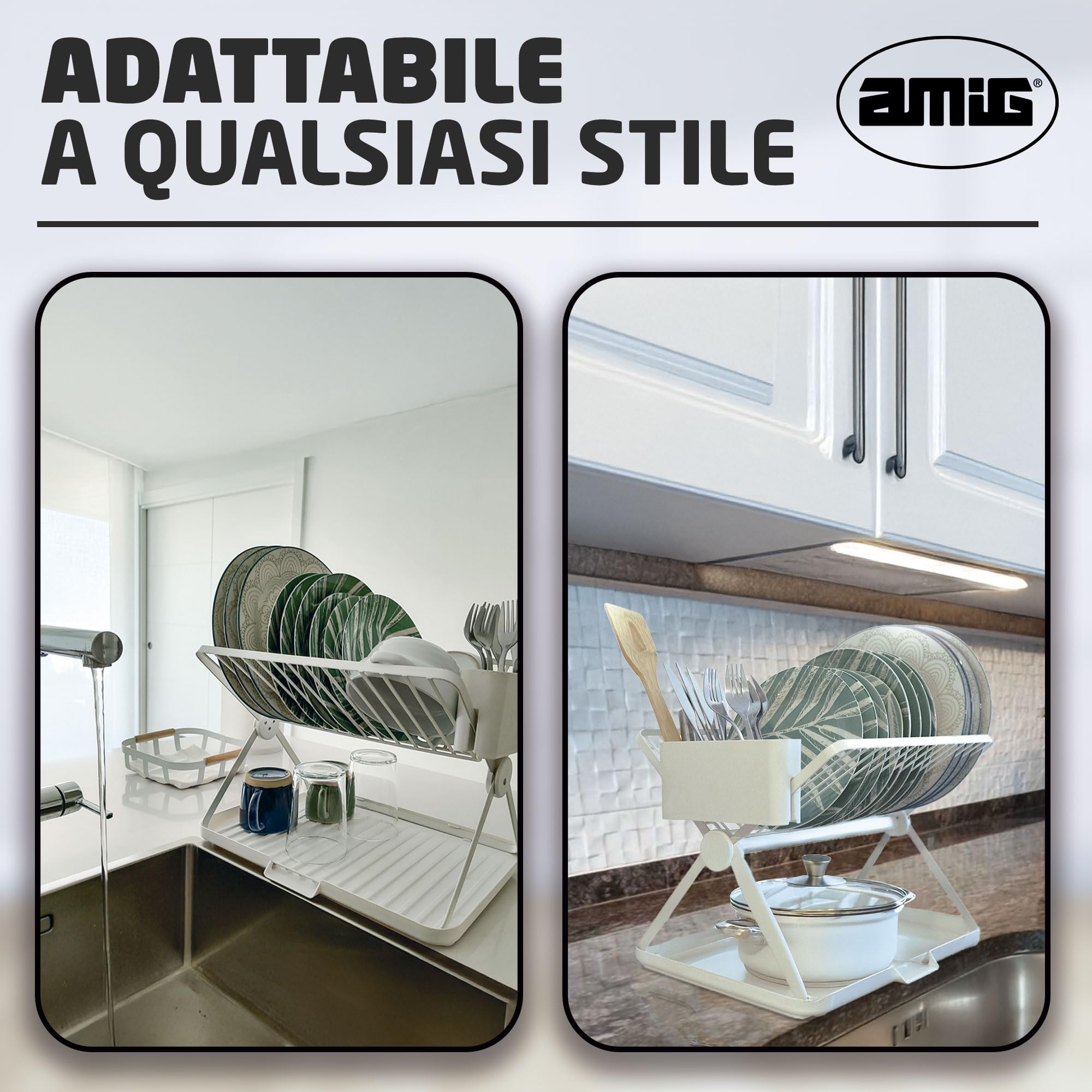 Amig - Scolapiatti Pieghevole Kaplya - 41,5 x 33,2 x 33,8 cm - Acciaio e Plastica - Colore Bianco - Scolapiatti Compatto con Vassoio di Sgocciolamento e Supporto per Posate - Ideale per Piccole Cucine