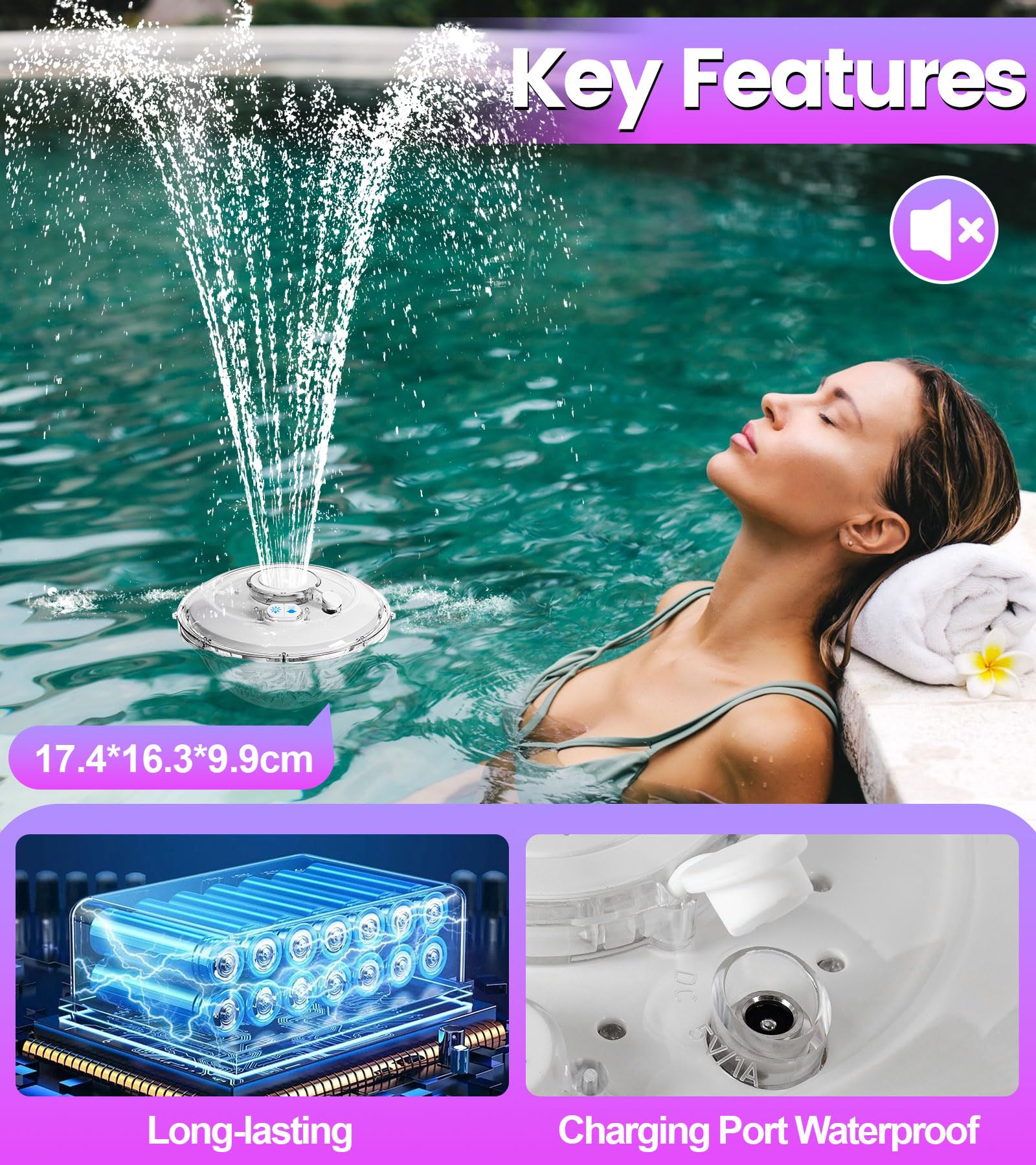 ChlorBlu Fontana Galleggiante per Piscina con Luci Subacquee LED, 6 Modalità, Pulsanti