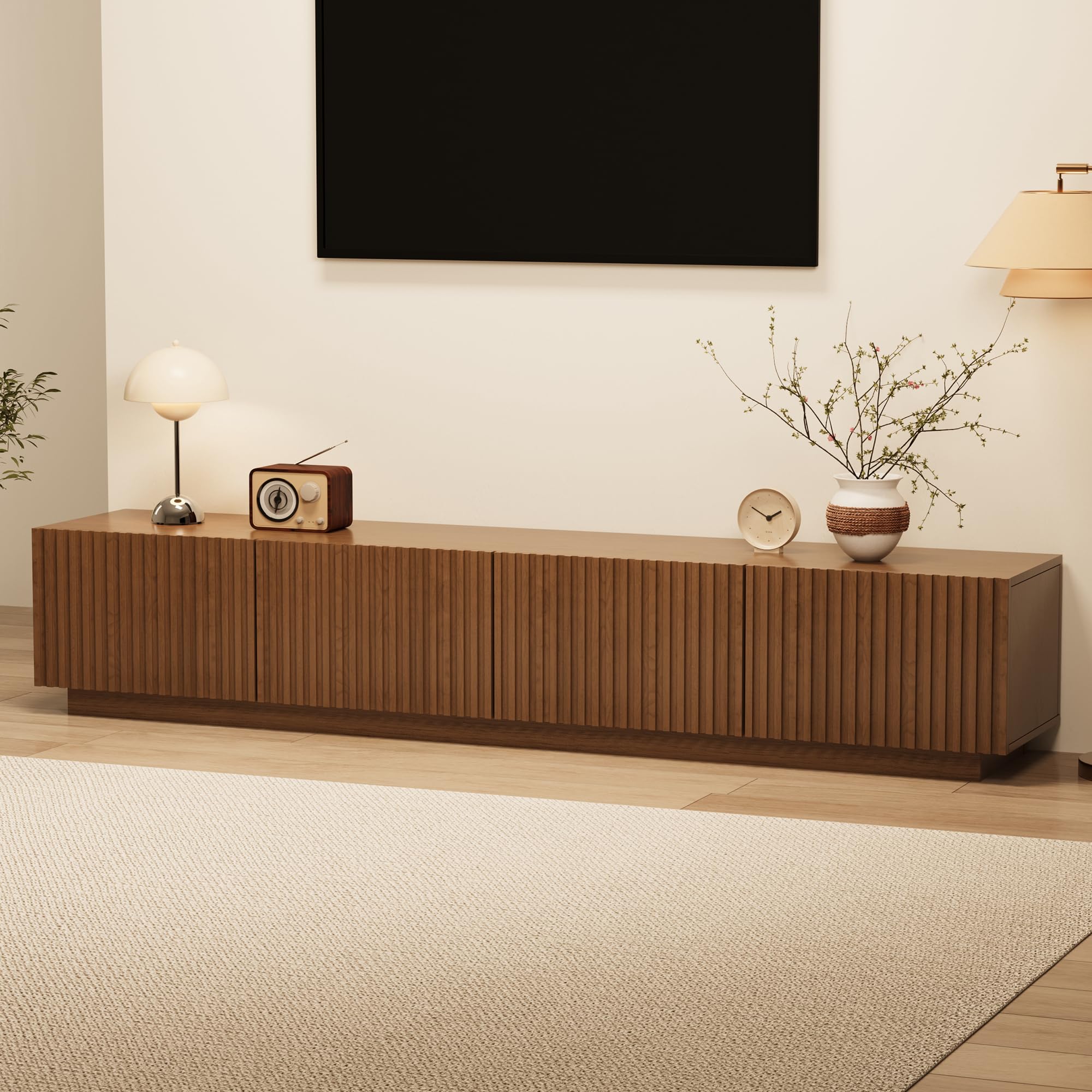 86.61" mid-century modern tv stand for tvs up to 85", walnut entertainment console with large storage, sturdy media cabinet for living room & bedroom(has some damage )