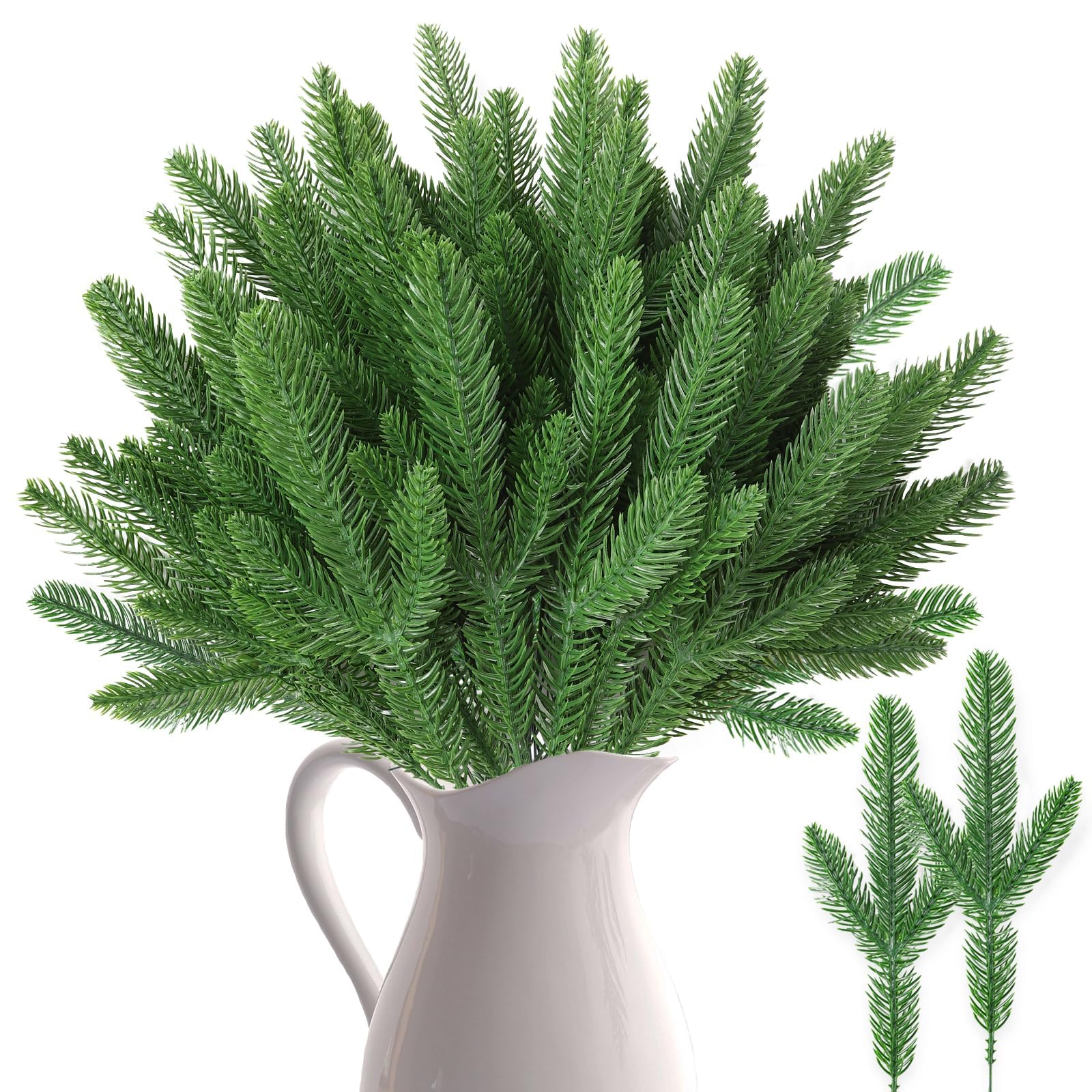 DTYDECLE 50pcs Christmas Pine Branches, Artificial Pine Needles Xmas Green Faux Fake Artificial Pines Sprigs Branches Christmas Faux Leaves Stems for Xmas Tree Wreath Garland DIY Crafts