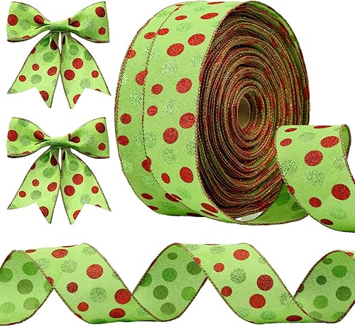 Tatuo 100 yardas de 2.5 pulgadas, cintas de arpillera con purpurina, cinta de lunares verdes y rojos para decoración de árbol de Navidad,
