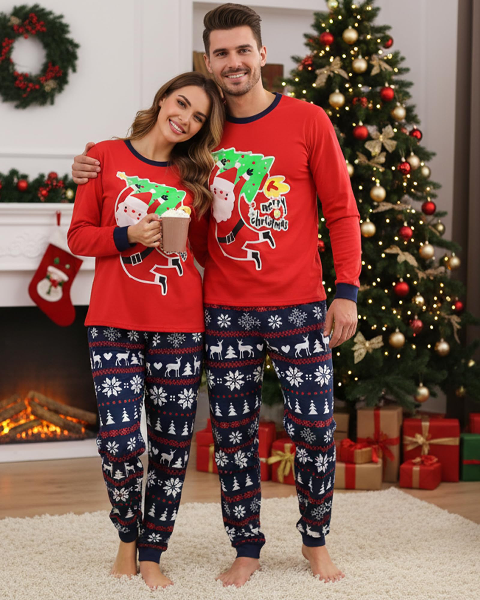Hotfiary Ensemble de pyjama de Noël assorti pour la famille avec imprimé Père Noël, haut à manches longues et bas de pyjama à carreaux, vêtements de nuit de Noël pour femmes, hommes, adultes, enfants