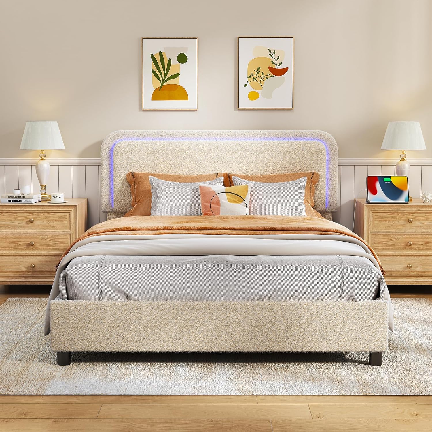 Queen Size Boucle Bed Frame, Built in Charging Station & LED, Upholstered Teddy Fabric Bed Frame with Headboard, Soft Rounded Corners, Noise-Free/Metal Support/No Box Spring Needed (Cream, Queen)