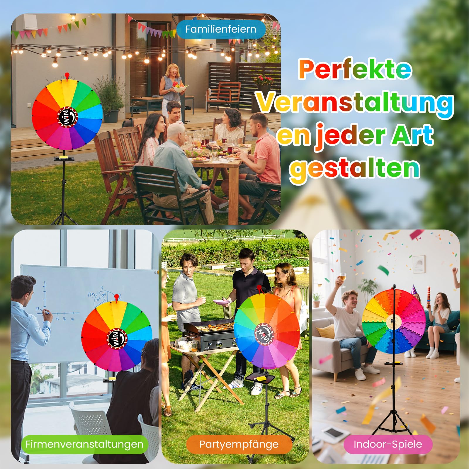 Roue porte-bonheur de 60 cm de diamètre - Roue de bonheur - Hauteur réglable de 90 à 150 cm - Jeux - Plateau rotatif amovible - Grande roue à tourner - Avec porte-stylo - Outils d'écriture