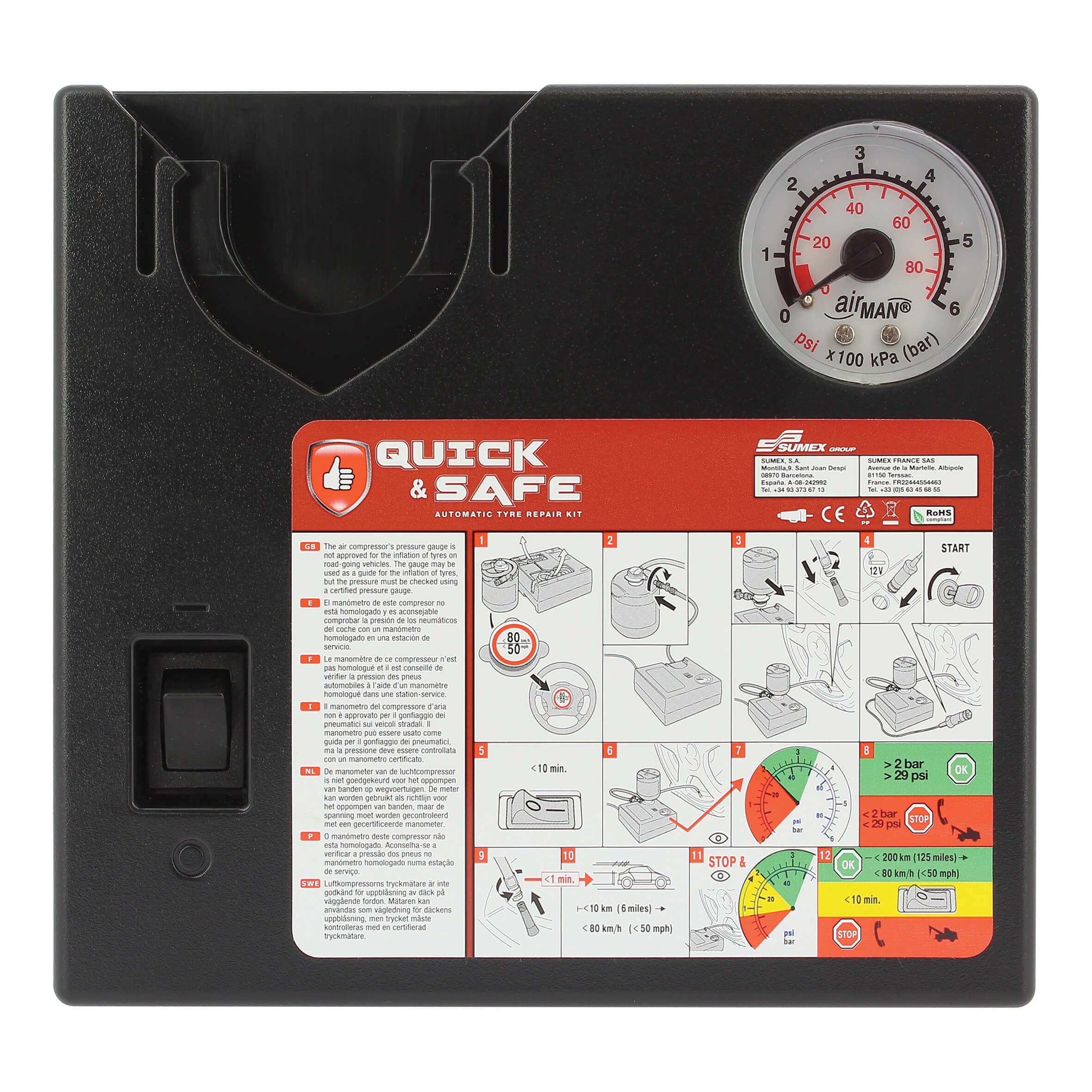 S SUMEX Kit de Reparación de Pinchazos para Coche Arregla y Repara Neumáticos Compresor de Aire de 180w con Conector 12V y 450ml Líquido Sellante