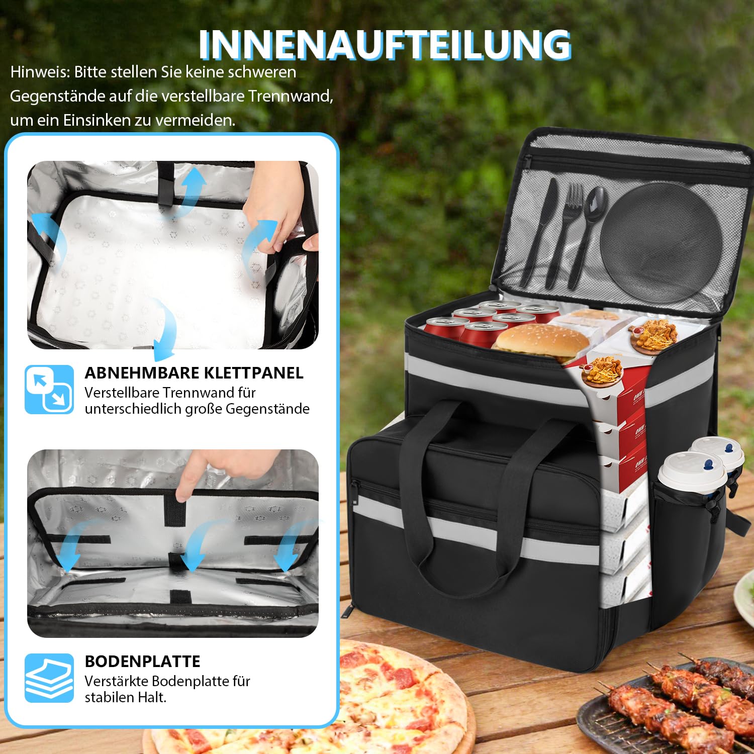 Borsa per la consegna del cibo, zaino espandibile con 4 portabevande, grande borsa termica per pizza e cibi caldi/freddi, zaino riflettente per Uber Eats, DoorDash, Grubhub, nero