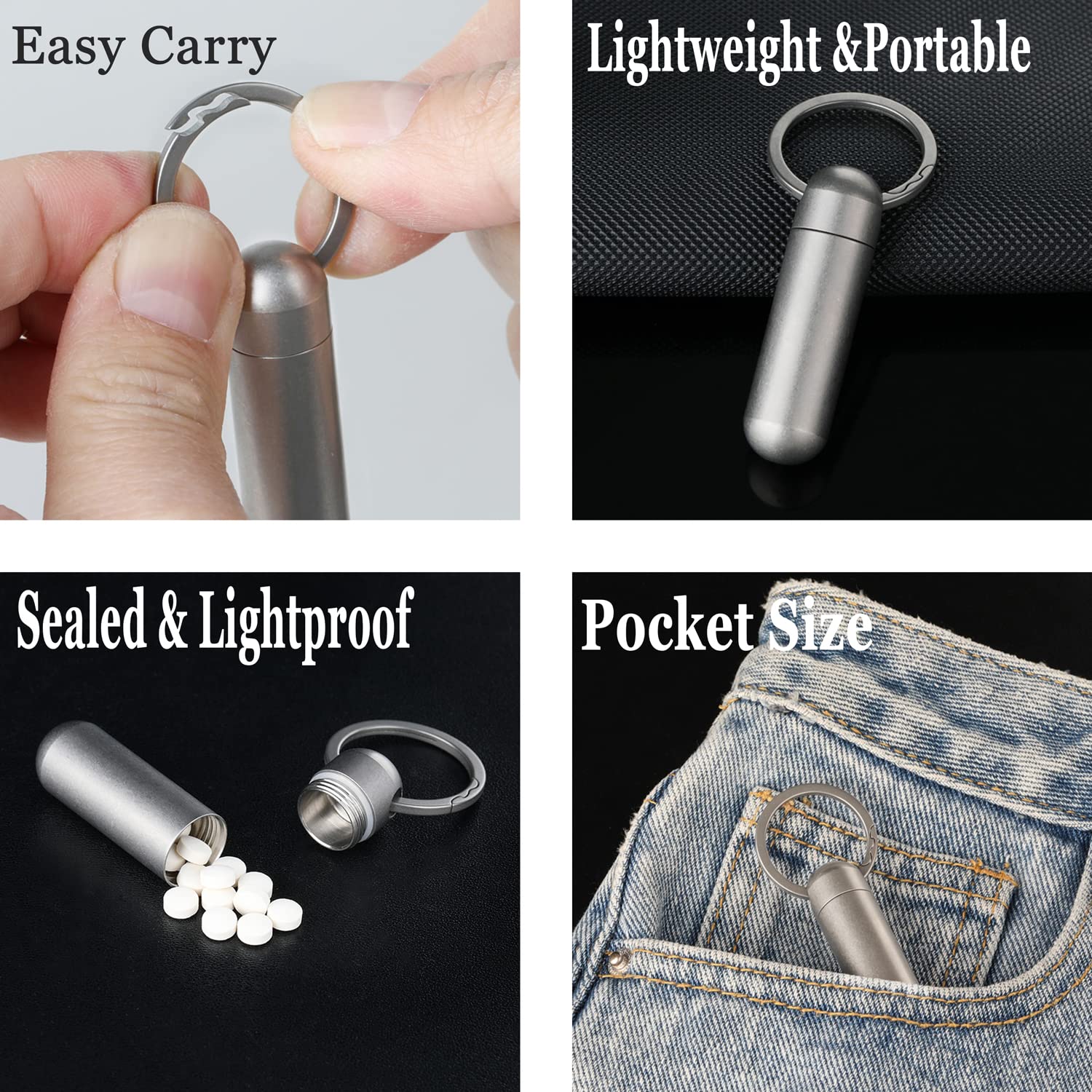 Pastillero Llavero Impermeable, Pastillero Colgante Titanio, Portatil Caja de pastillas de Viaje para Mujer Hombre, Libre de BPA Dispensador de Pastillas de Bolsillo Soporte píldora