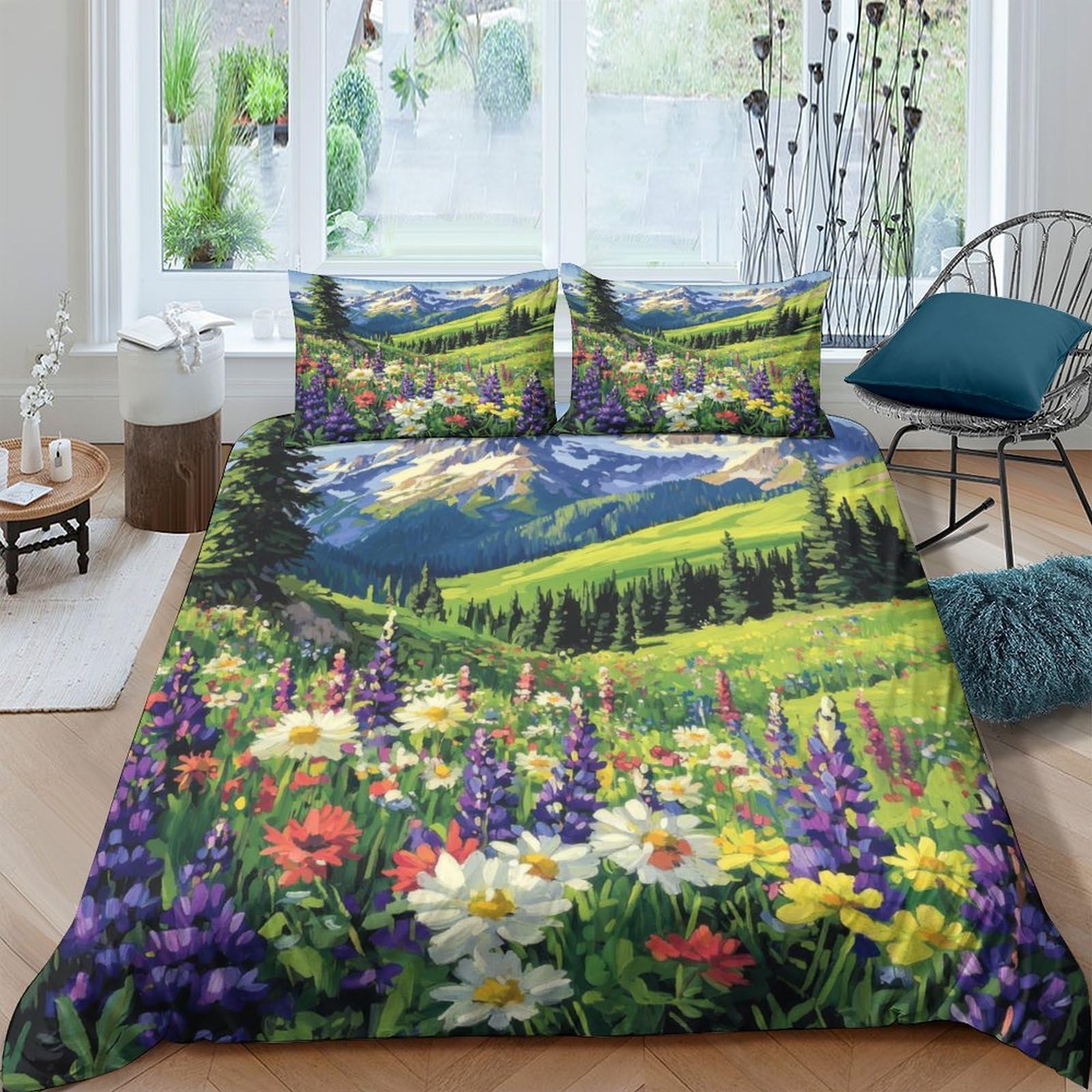 Ctjqhvkz Style-2 3D Printed Alpine Meadow Fitted Sheet Microfiber Soft Floral Mountain Mattress Cover For Bedroom Guest Room Decor Single（135X200cm）