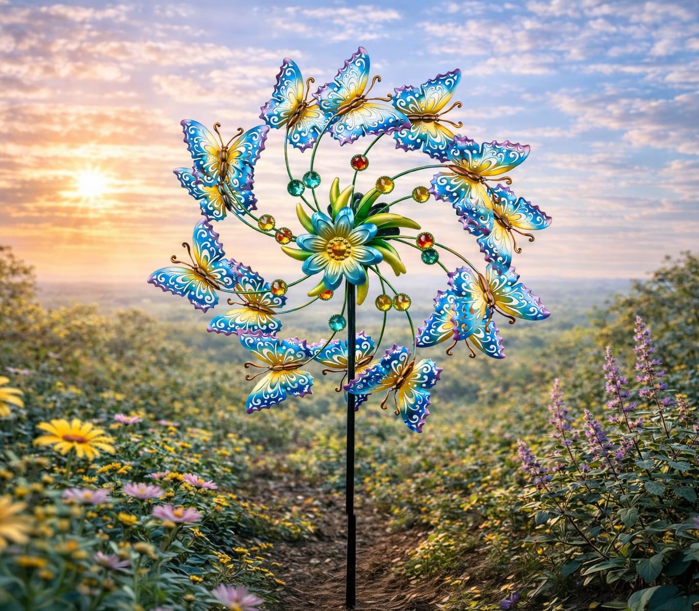 formano Windrad Schmetterlinge Garten Metall bunt kugelgelagert Windspiel Ø 47 cm / 131 cm mit Acryl-Steinen & Erdspieß | Wetterfeste Gartendeko für Beet, Rasen & Terrasse | Vogelabwehr