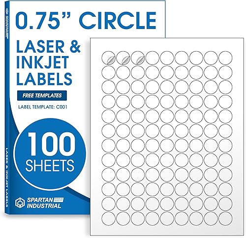 Spartan Industrial Etiquetas imprimibles para láser y inyección de tinta, etiquetas adhesivas circulares blancas de 0.75 pulgadas, 100 hojas, 10800 Spartan Industrial Etiquetas imprimibles para láser y inyección de tinta, etiquetas adhesivas circulares blancas de 0.75 pulgadas, 100 hojas, 10800