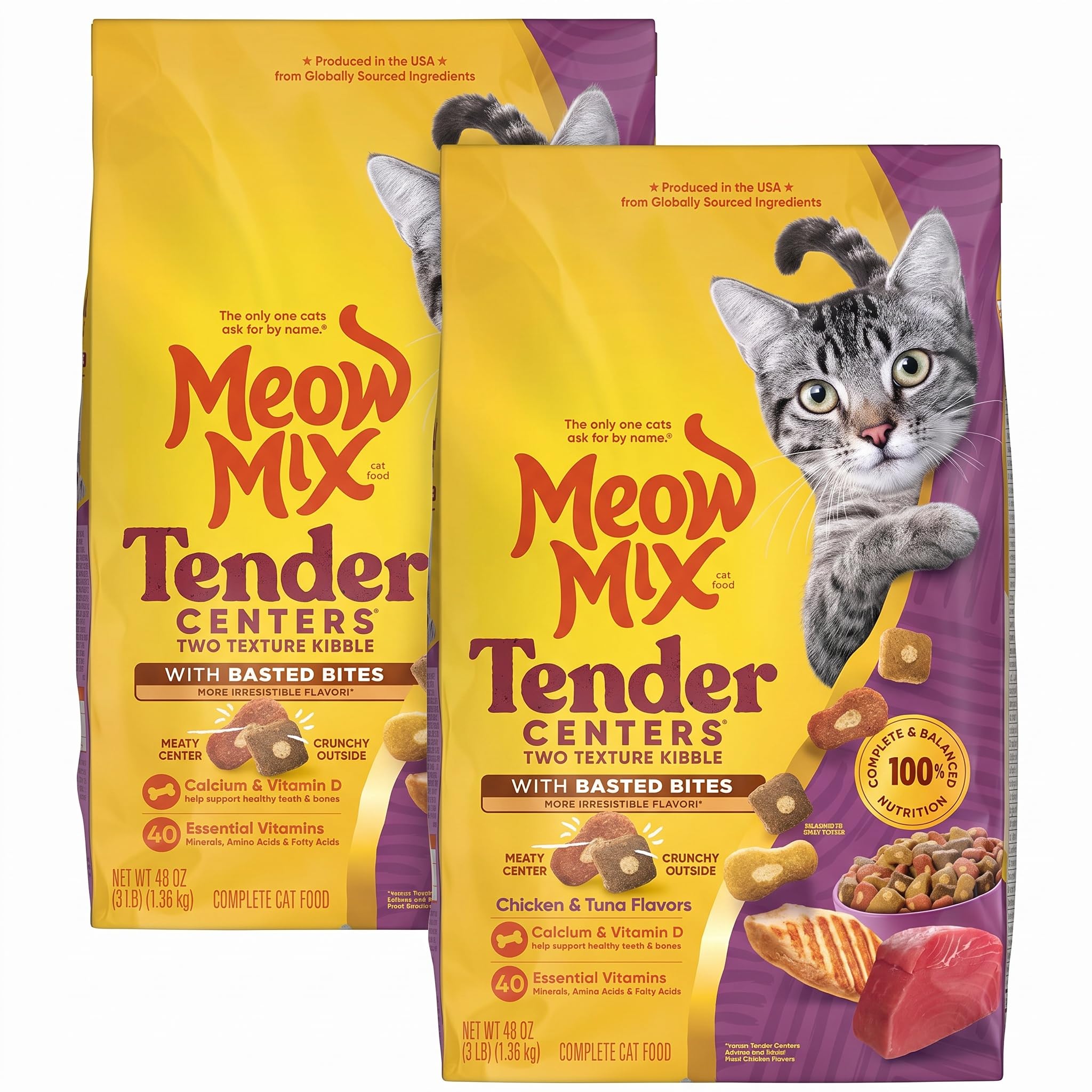 Meow Mix Tender Centers Dry Cat Food with Basted Bites, Chicken &amp; Tuna Flavors, 3 Pound Bag (Pack of 8)