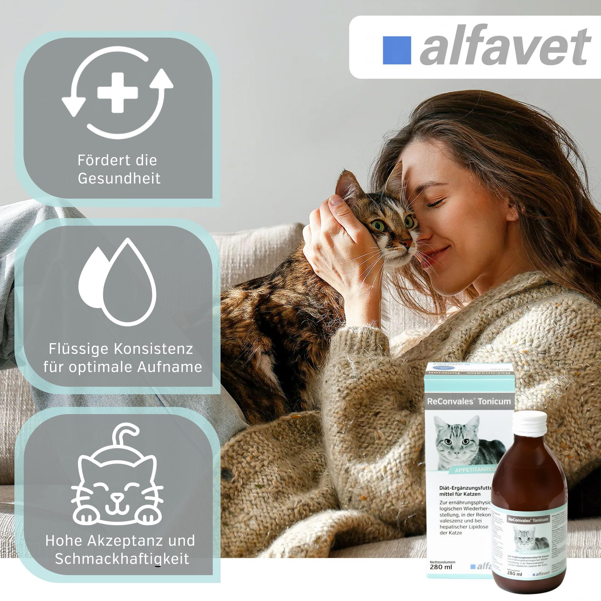Alfavet ReConvales Tonicum para gatos | Pack de 3 | 3 x 280 ml | Complemento alimenticio dietético | Para la convalecencia, el bajo peso y la lipidosis hepática del gato