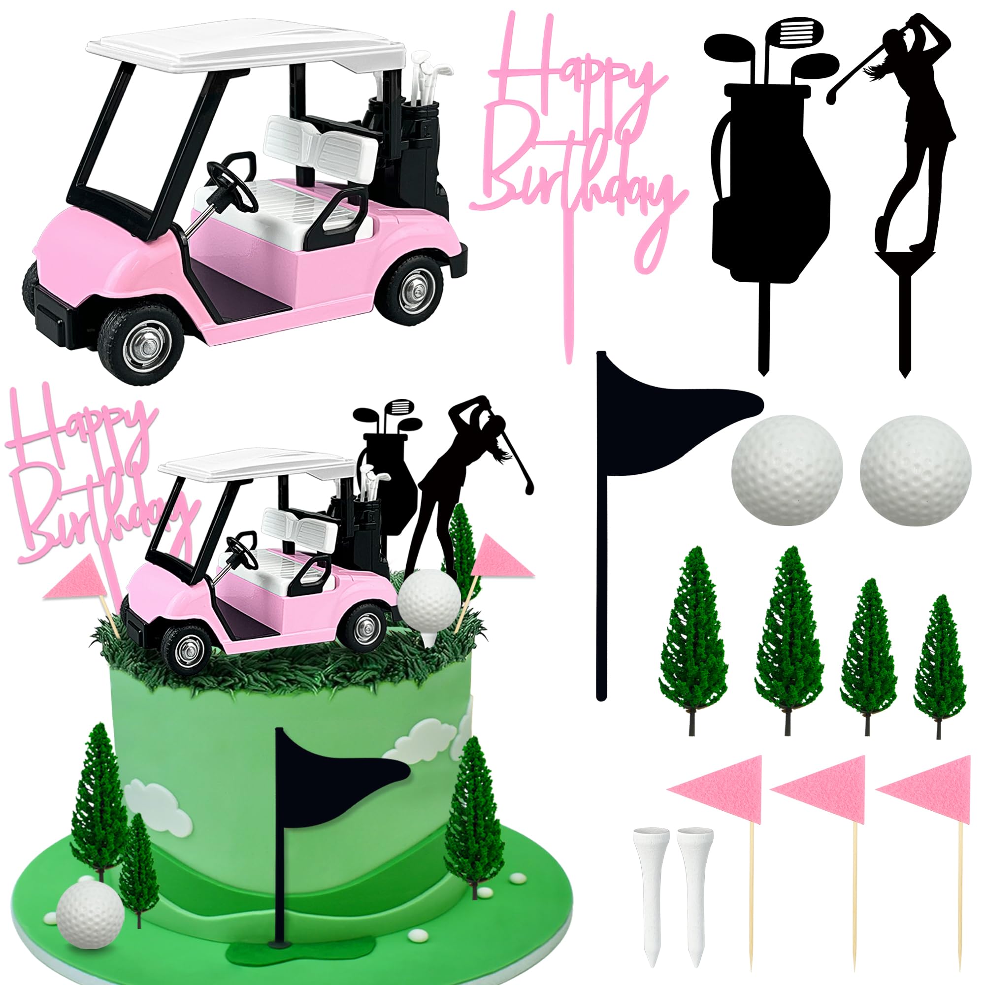 Photo 1 of 2026 New Golf Cake Decorations Golf Cart Cake Toppers Heading for The Pink Cake Topper with Cart Flag White Ball for Theme Party Supplies (Pink)