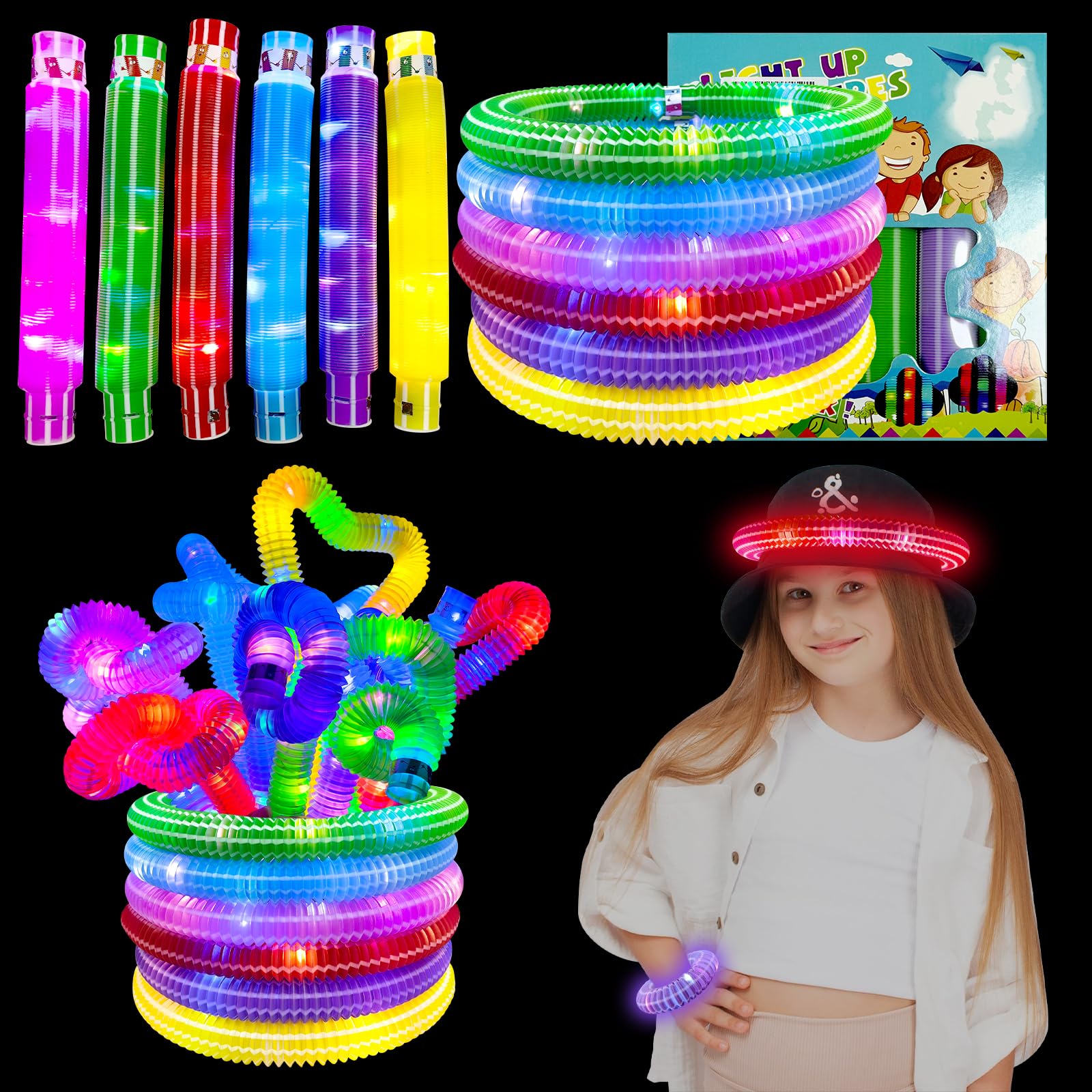 PHOEWON 12 Pack Light Up Pop Tubes,Colorful Led Pop Tubes, Fidget Toys