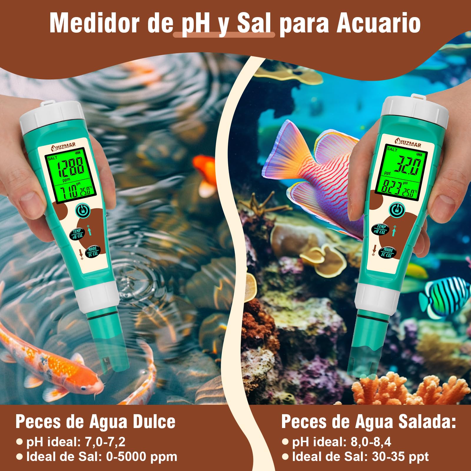 UIUZMAR Medidor de pH, Cloro y Sal para Piscina, Medidor de pH PPM ORP | Hidrógeno para Agua Potable, Muestra Simultáneamente, 8 en 1 pH, Sal, Cloro, H2, ORP, EC, TDS para Hidropónico, Spa, Acuario