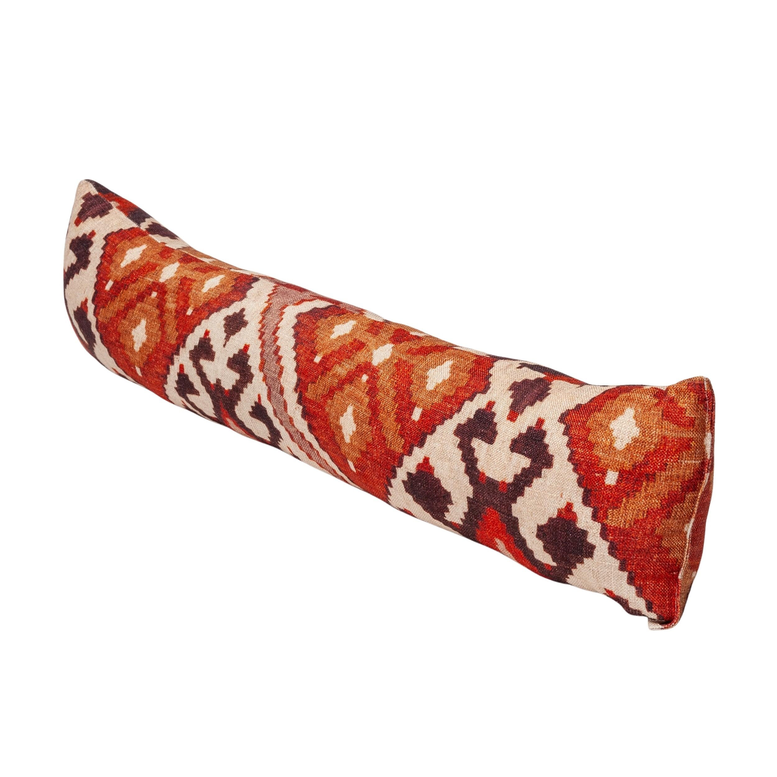 Linen Loft Brown Linen Kilim Draught Excluder In Terracotta Red And Earthy Classic Simple Ikat Diamond Design. Energy Saving Home Accessory. 90X20cm