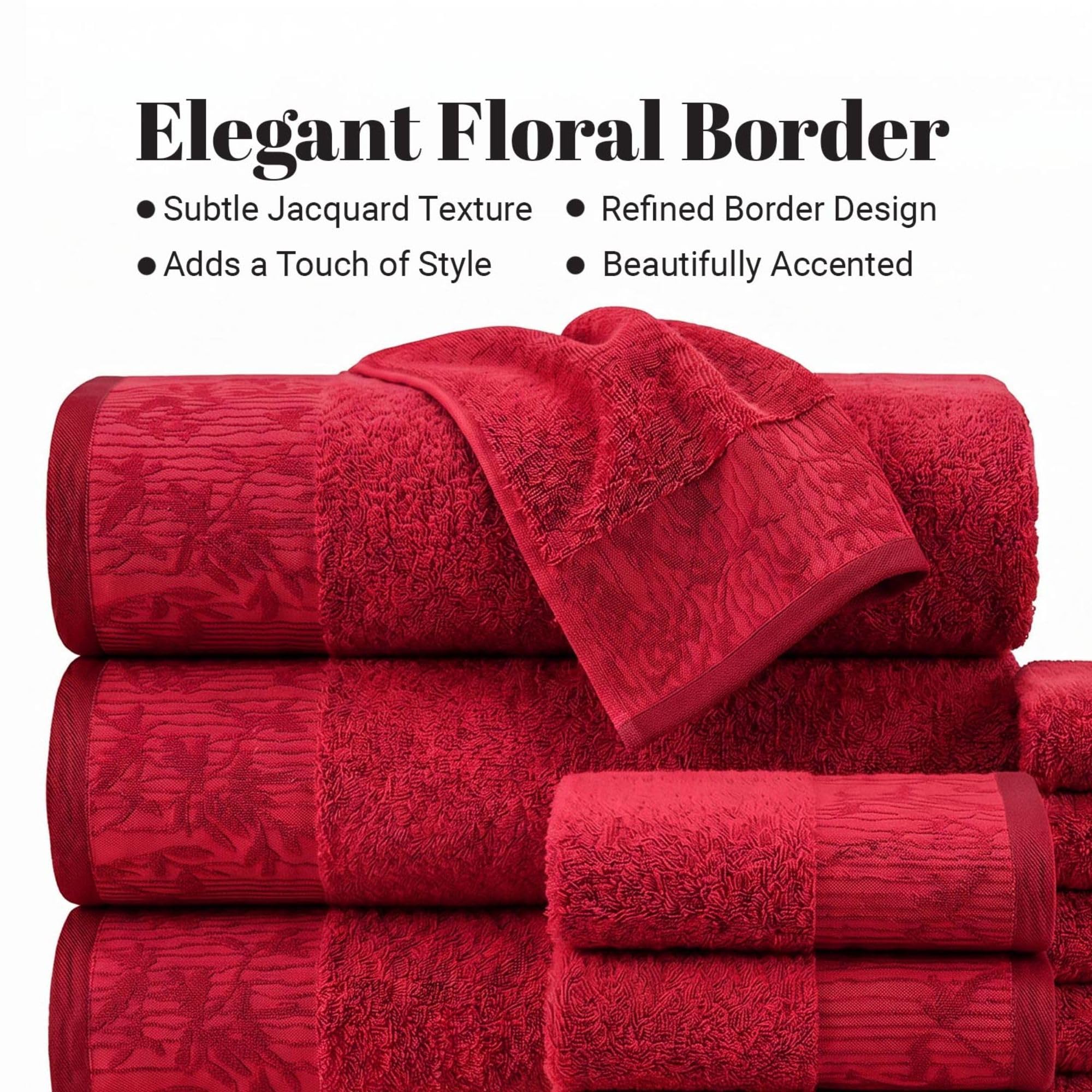 Superior 8-teiliges Baumwoll-Handtuch-Set, Florale Jacquard-Dobby-Bordüre, schnell trocknend, dekoratives Badezimmer, Dusche, Badewanne, inklusive 2 Körper, 2 Hand, 4 Gesichtshandtücher/Waschlappen,