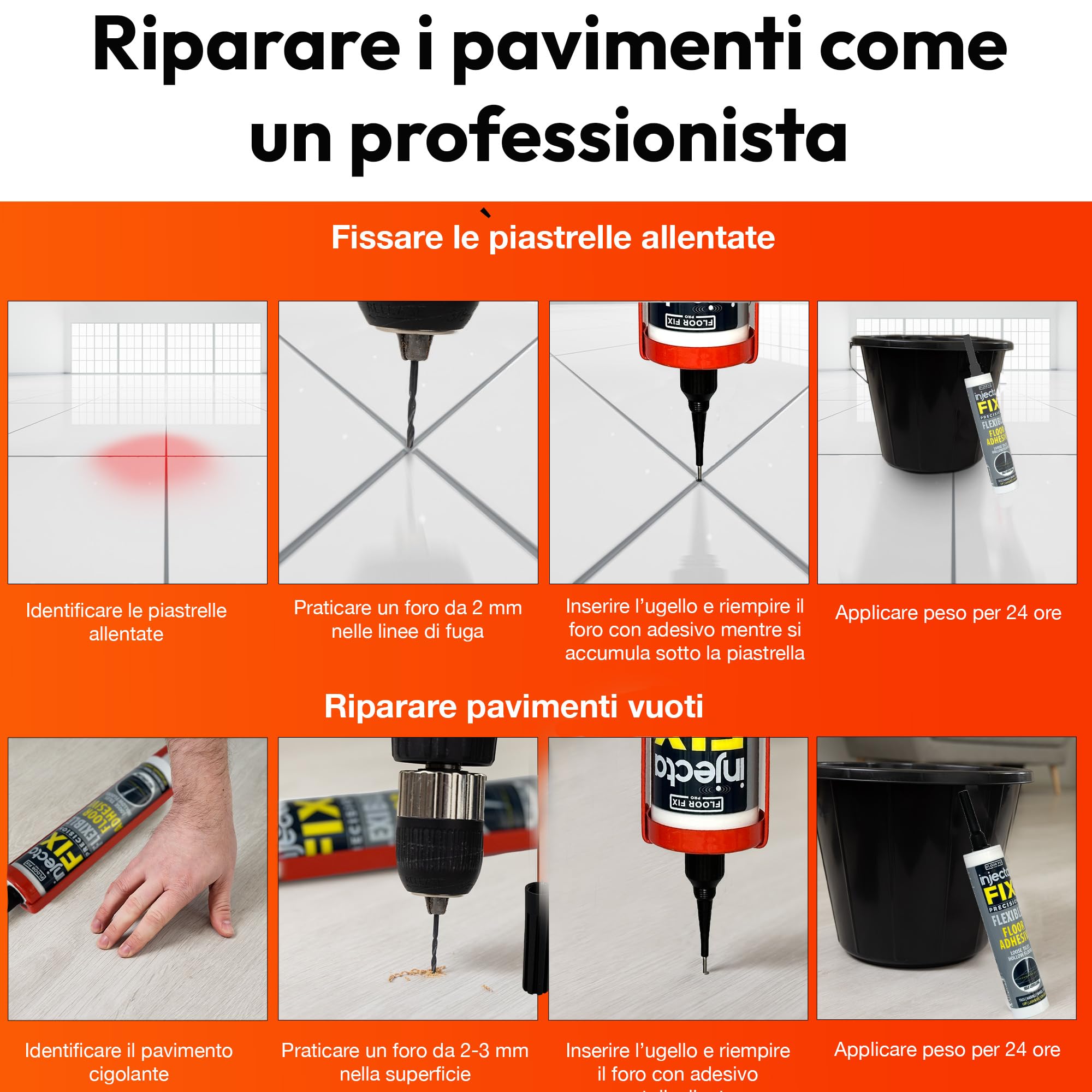 Injectafix 300ml | Ripara Piastrelle Senza Rimuoverle | Punta Iniezione 2mm per Fughe Strette | Adesivo Invisibile per Pavimenti Stabili, Copolimero Modificato