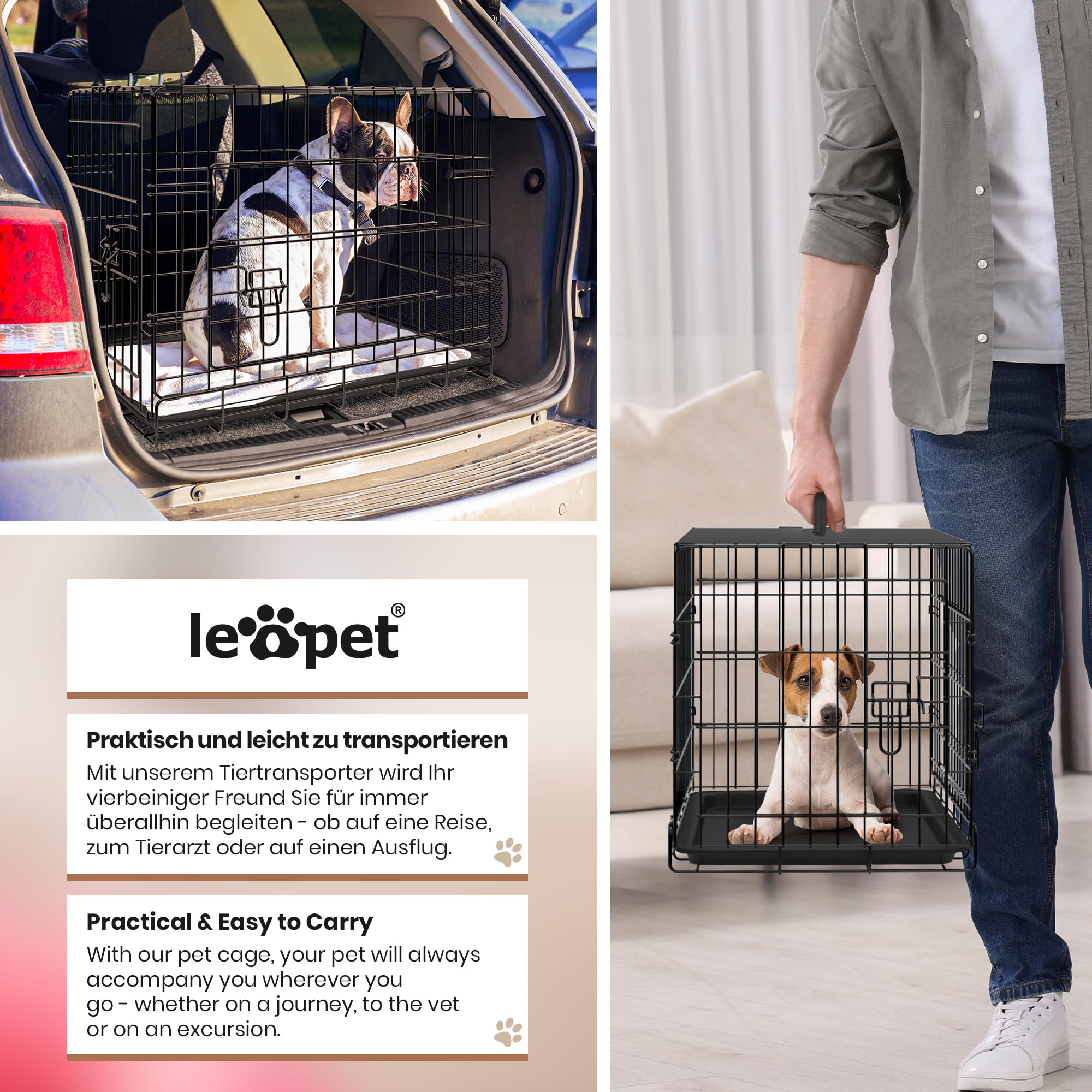 Leopet® Gabbia per Cane - Pieghevole, 2 Porte, in Metallo, Vassoio Rimovibile, Portatile - Trasportino, Scatola, Box da Trasporto, Auto, Macchina per Animali Domestici, Gatti (LxLxA: 91x57x64 cm)