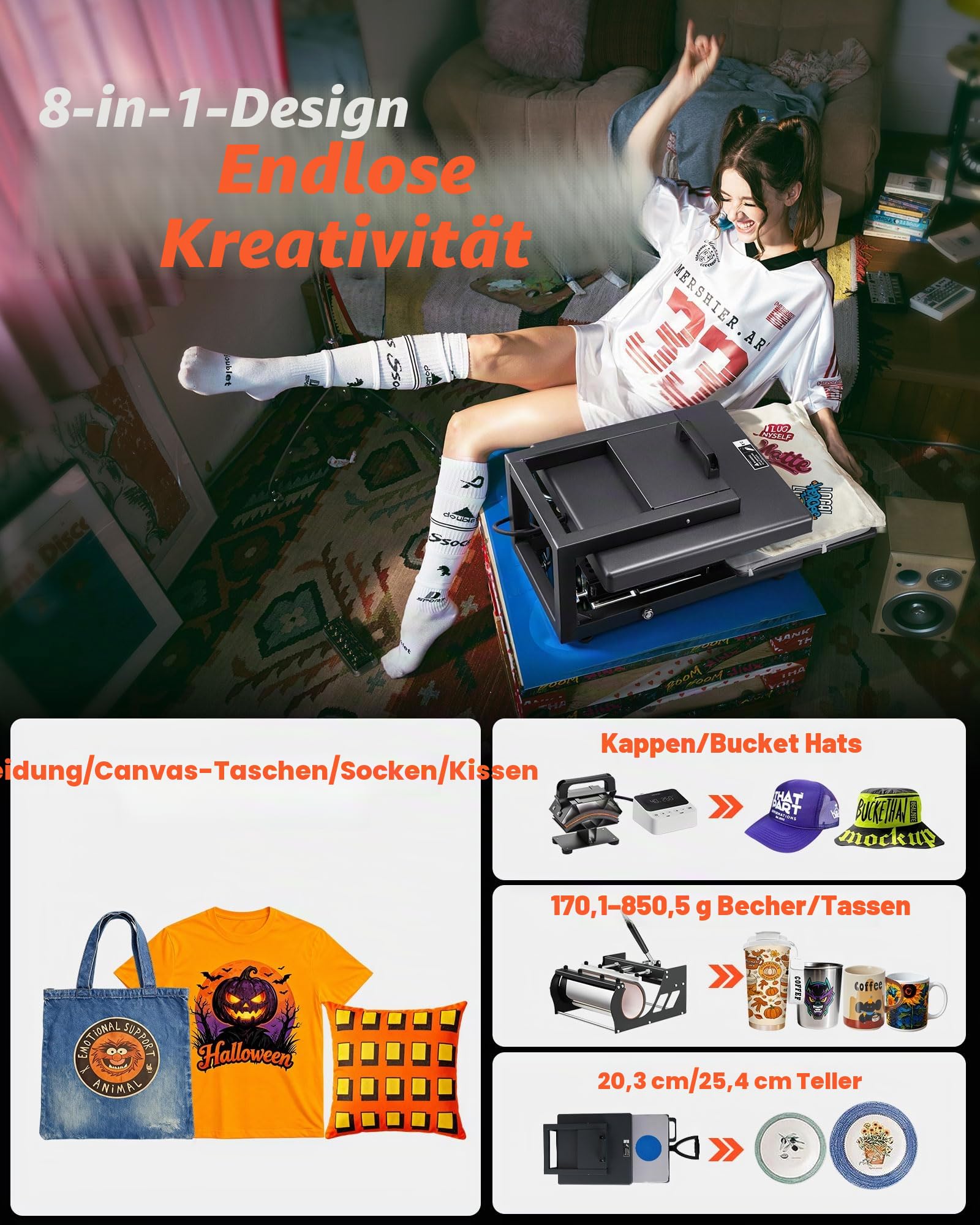 VEVOR Transferpresse 38 x 38 cm 8 in 1 Multifunktion, schnelles & gleichmäßiges Aufheizen, Heißpressmaschine Sublimationspresse Hitzepresse für T-Shirts/Tassen/Becher/Kappen/Teller, schwarz