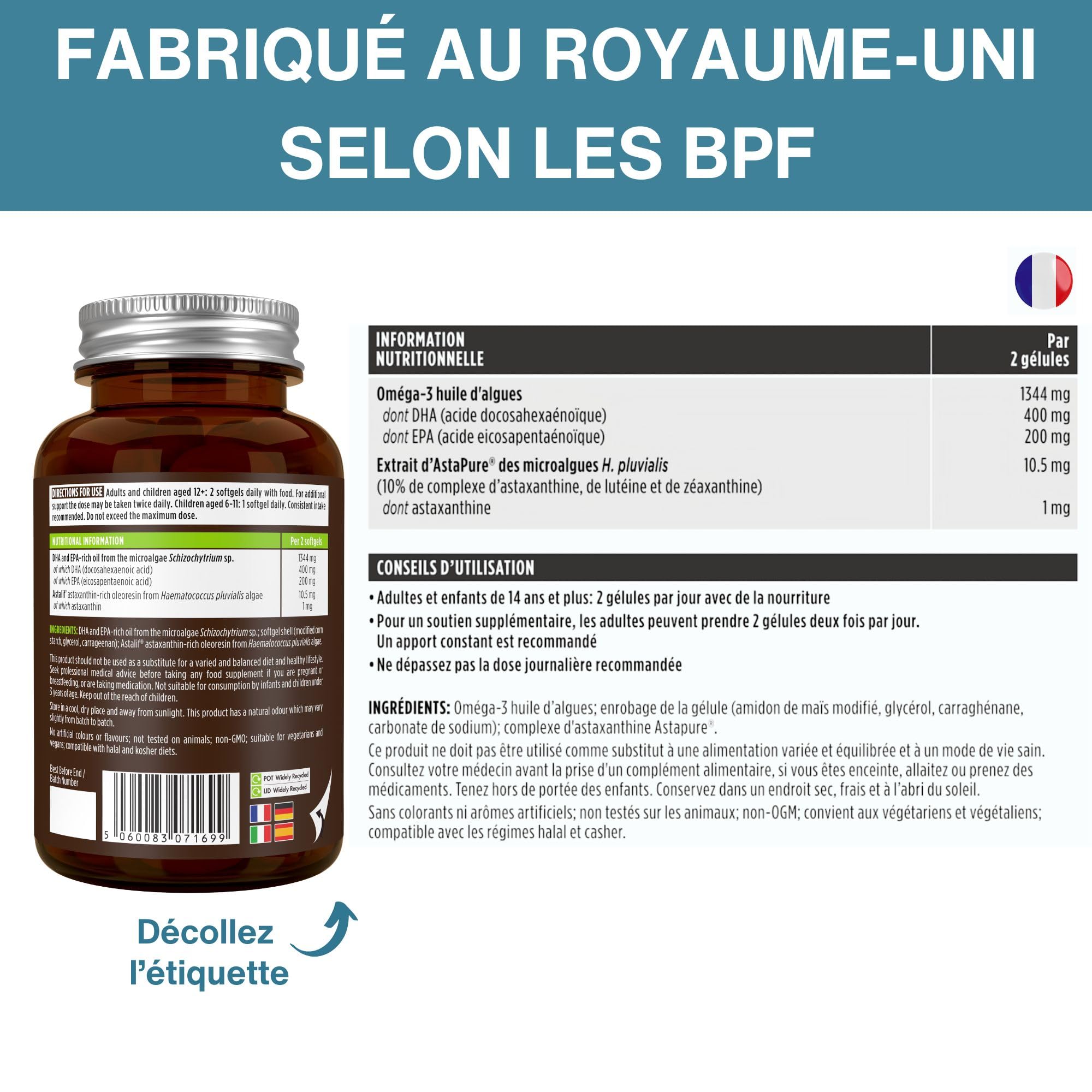 Igennus Oméga-3 Vegan Hautement Concentré À Base D'Huile D'Algues Avec Astaxanthine, Testé En Laboratoire, Ultra Pur Et Durable, Pour Le Soutien Du Cerveau Et Des Yeux, 180 Petites Capsules Molles