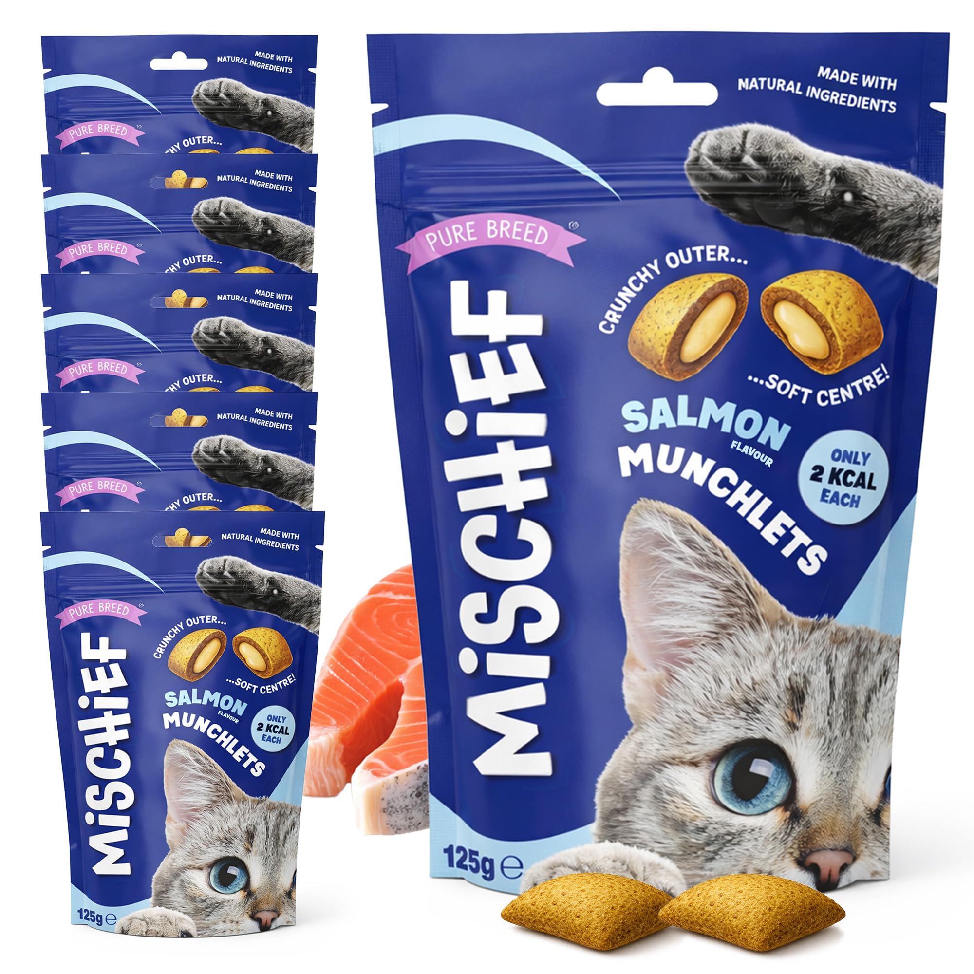 Mischief 6pk Cat Treats for Indoor Cats - 750g Salmon Flavour - Healthy Kitten Treats 2-12 Months Crunchy Cat Snacks For All Ages and Breeds - 6pk x 125g