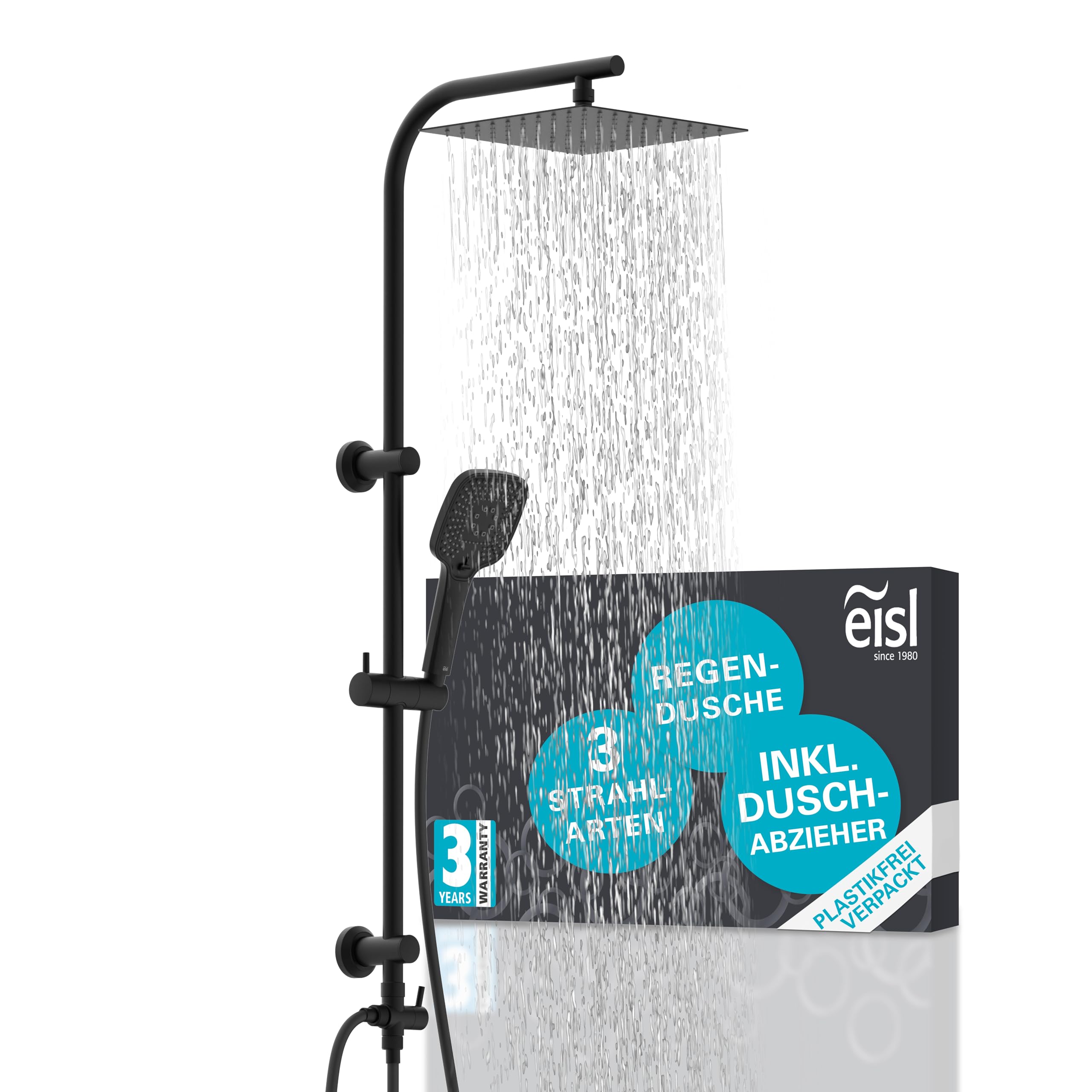 EISL EASY DELUXE Duschset schwarz, Duschsystem ohne Armatur 2 in 1 mit großer Edelstahl Regendusche (300 x 300 mm) und Handbrause, Regendusche ohne Armatur schwarz zum Nachrüsten, inklusiv Duschabz