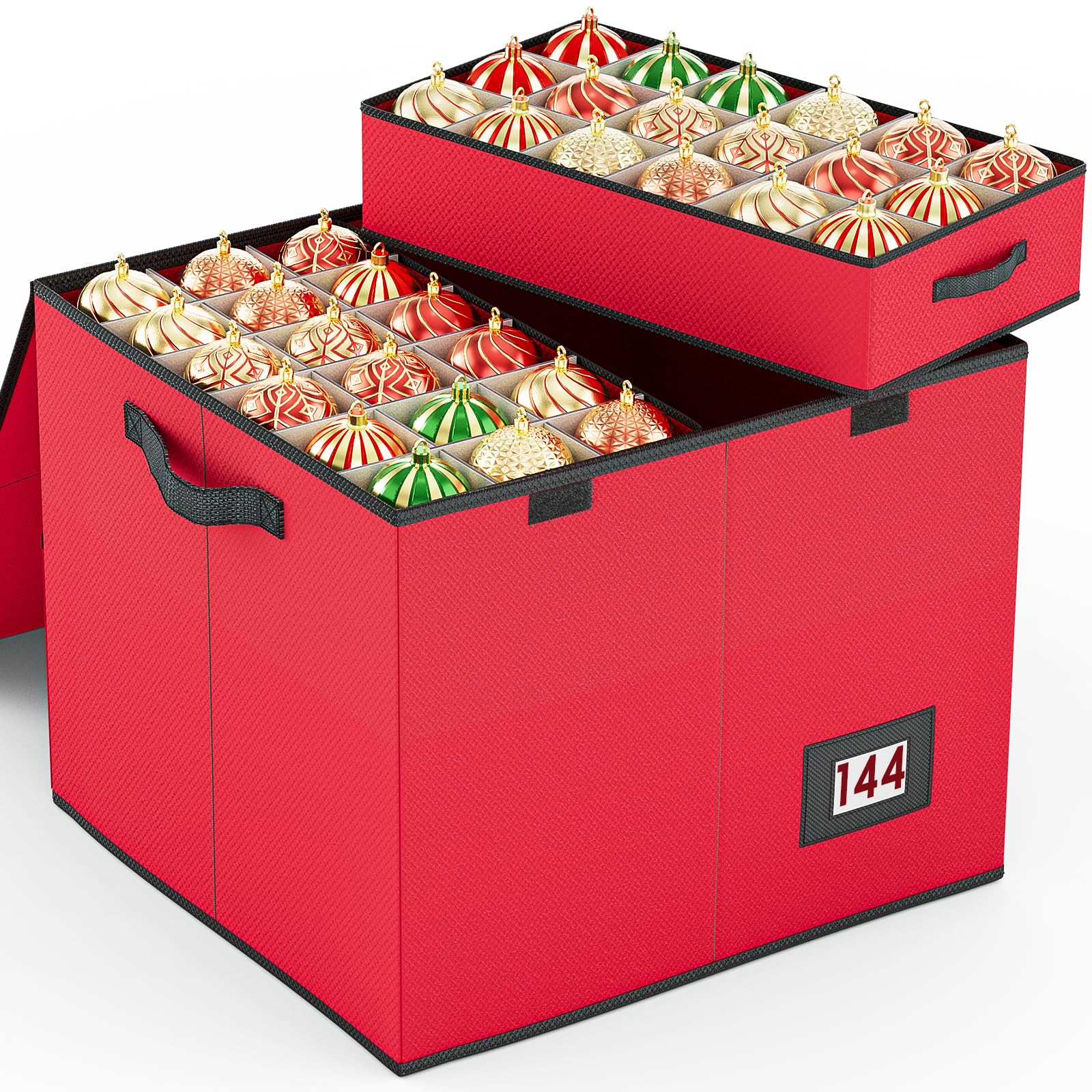 Bomclap Scatola portaoggetti per palline di Natale, con 144 divisori, grande contenitore natalizio con coperchio flip top per decorazioni natalizie e decorazioni (rosso)
