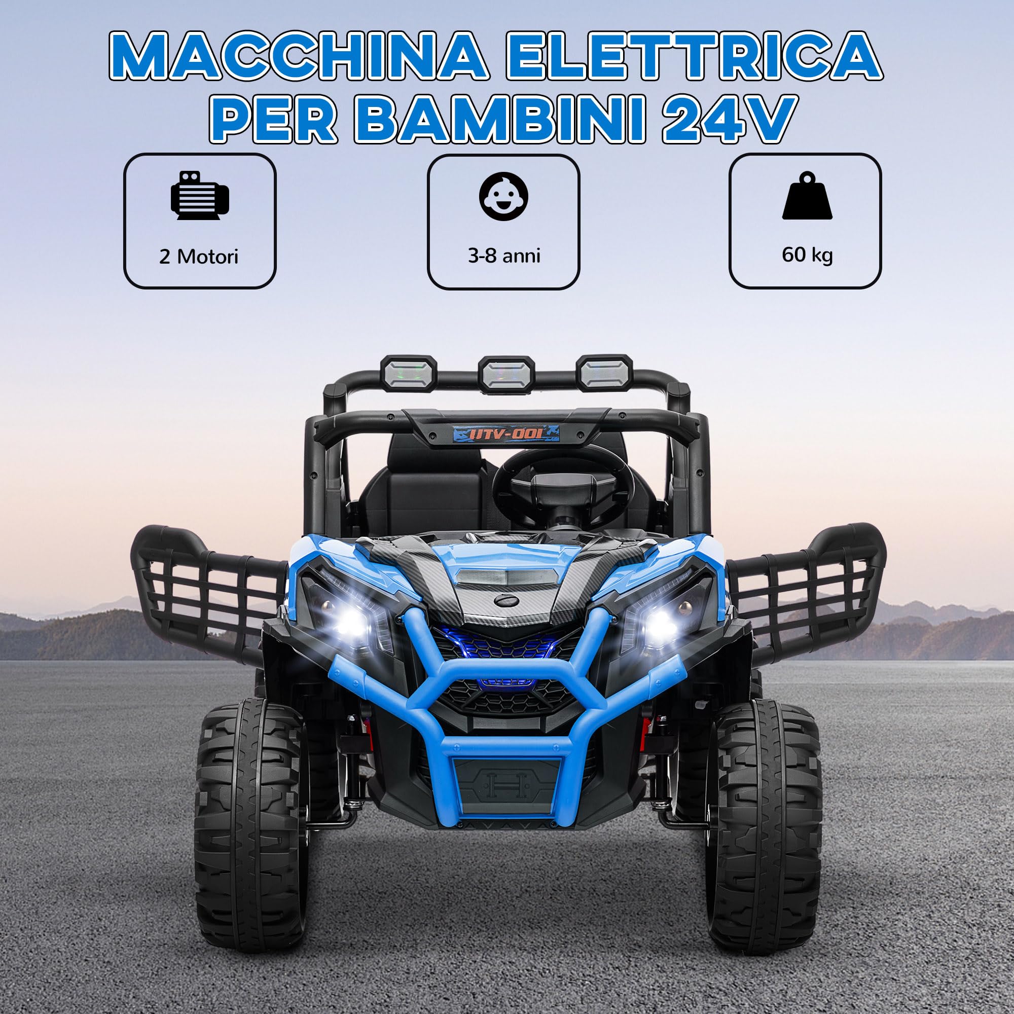 AIYAPLAY Macchina Elettrica per Bambini 3-8 Anni 24V Fuoristrada 2 Posti, 3-8km/h Auto Elettrica per Bambini con 2 Motori, Sospensioni, Telecomando, Musica, Fari, Cintura e Clacson, Blu