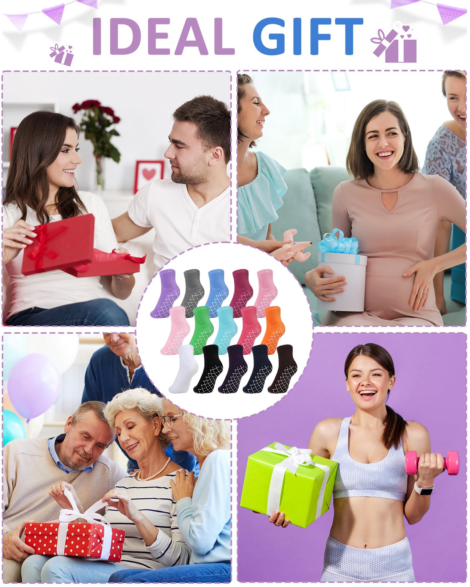 Vicenpal 45 pares de calcetines de yoga antideslizantes para mujeres y hombres, con patrón de pies, calcetines antideslizantes para hospital, barré, pilates, 15 colores