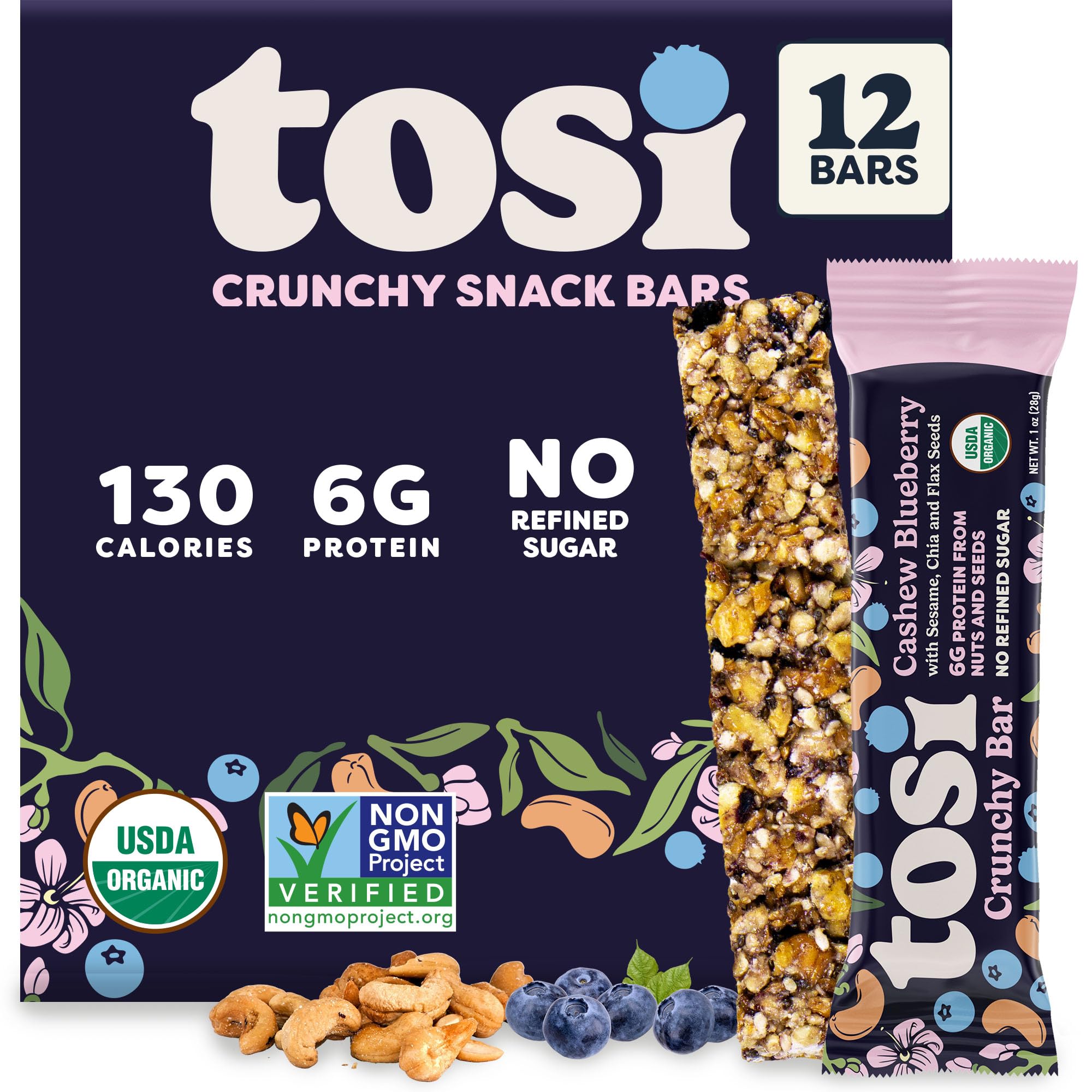 Nut Bars, Cashew Blueberry, Healthy Snacks for Adults & Kids, Plant Based Crunchy Bars (6G Protein), Organic Keto Snacks, Vegan, Gluten & Soy Free, Low Sugar, Omega 3s, 1oz, 12-Pack