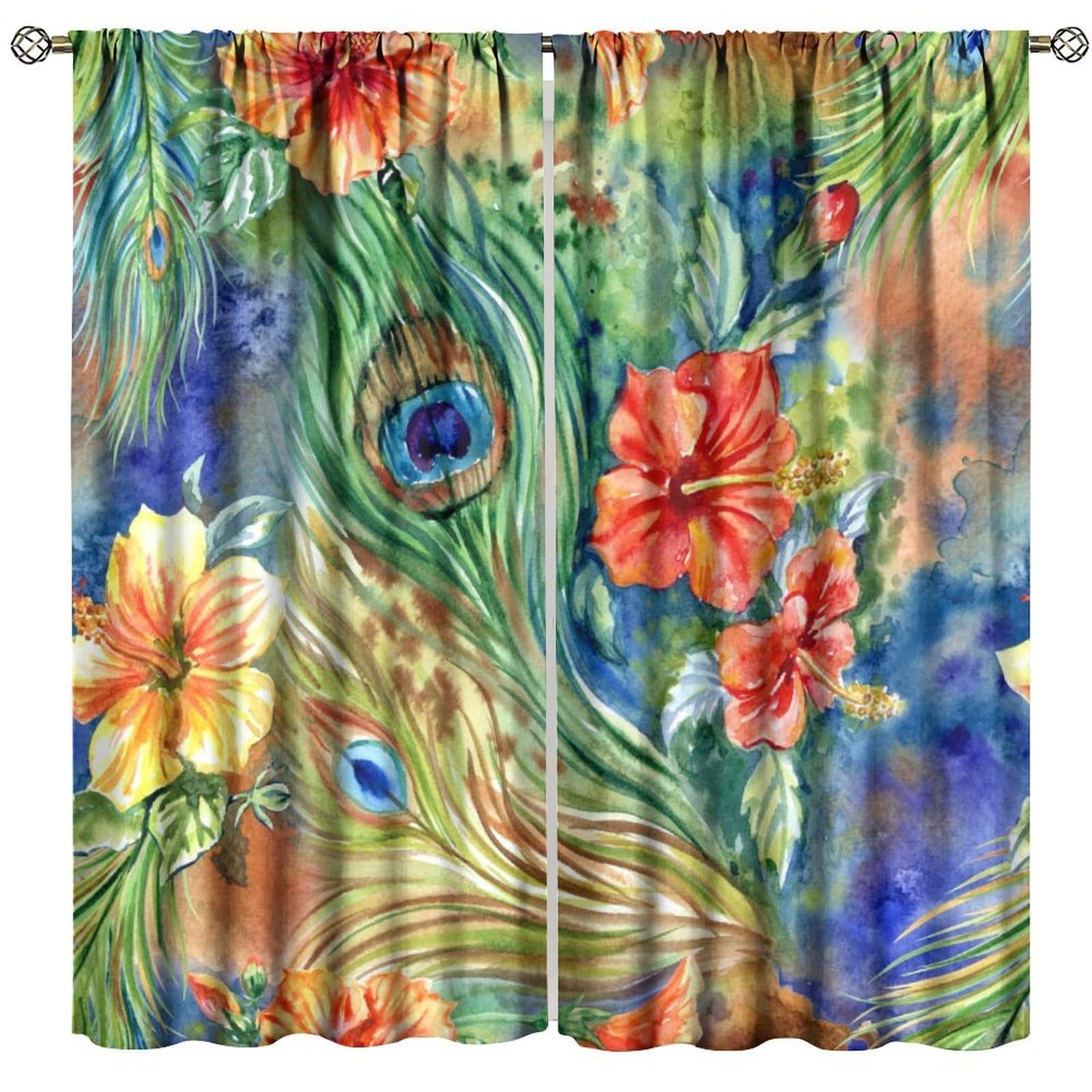 BenYaSong Peacock Blackout Window Curtain Peacock Feathers Hibiscus Flowers Tropical Watercolor Print for Home Kitchen Livingroom Coffee Room Window Drapes 2Panel 63" W X 72" L