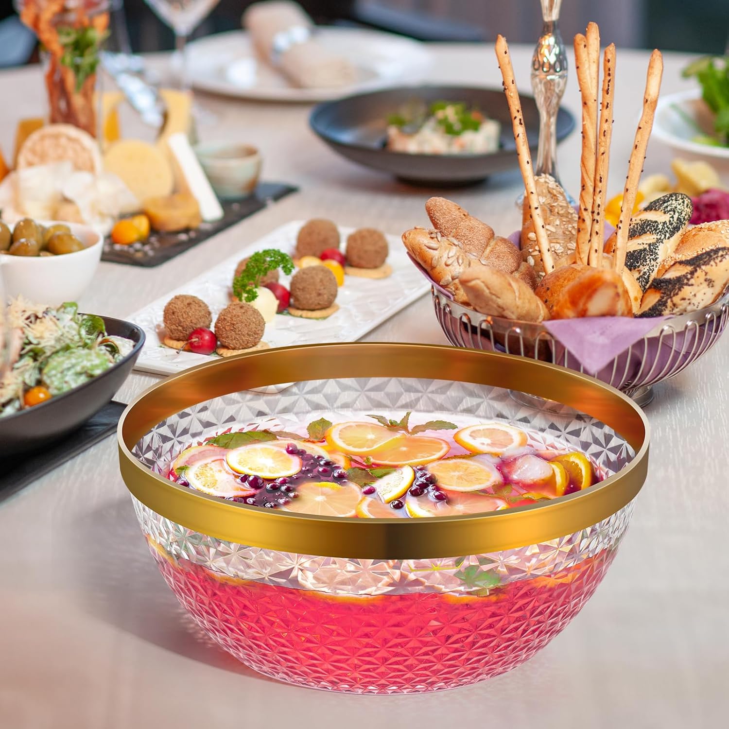NiHome Gold Trim Clear Plastic Punch Bowl with Ladle and Tong for Parties, Weddings, BBQs, 1.4 Gallon Beverage Serving Bowl Complete Set for Cocktails, Salads, Snacks, Easy to Clean
