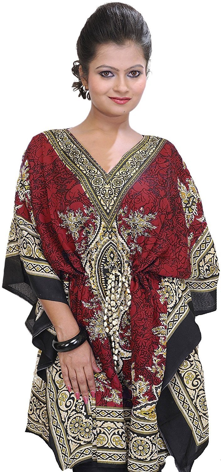 Womens Floral Print Long Kaftan Tunic Dress Maxi Kaftan Plus Size Cover up Dresses (Short Length Free Size, Red)-image-16