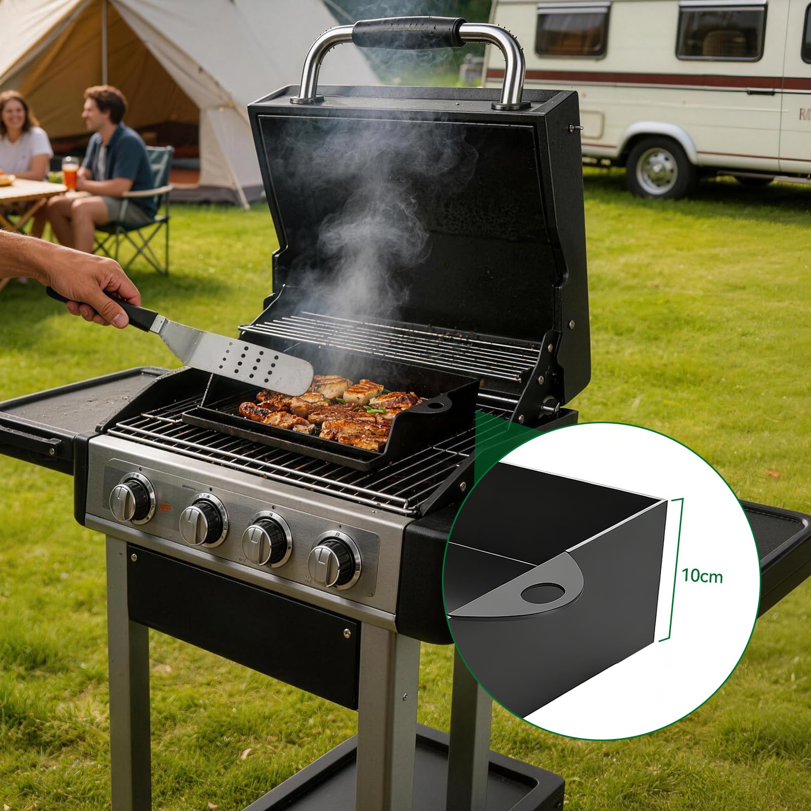 WELL GRILL 45,5 x 36,5 cm Plancha de parrilla con espátula de barbacoa Juego de rascador universal de hierro fundido para parrillas de gas, parrilla de carbón vegetal, parrilla eléctrica, borde alto
