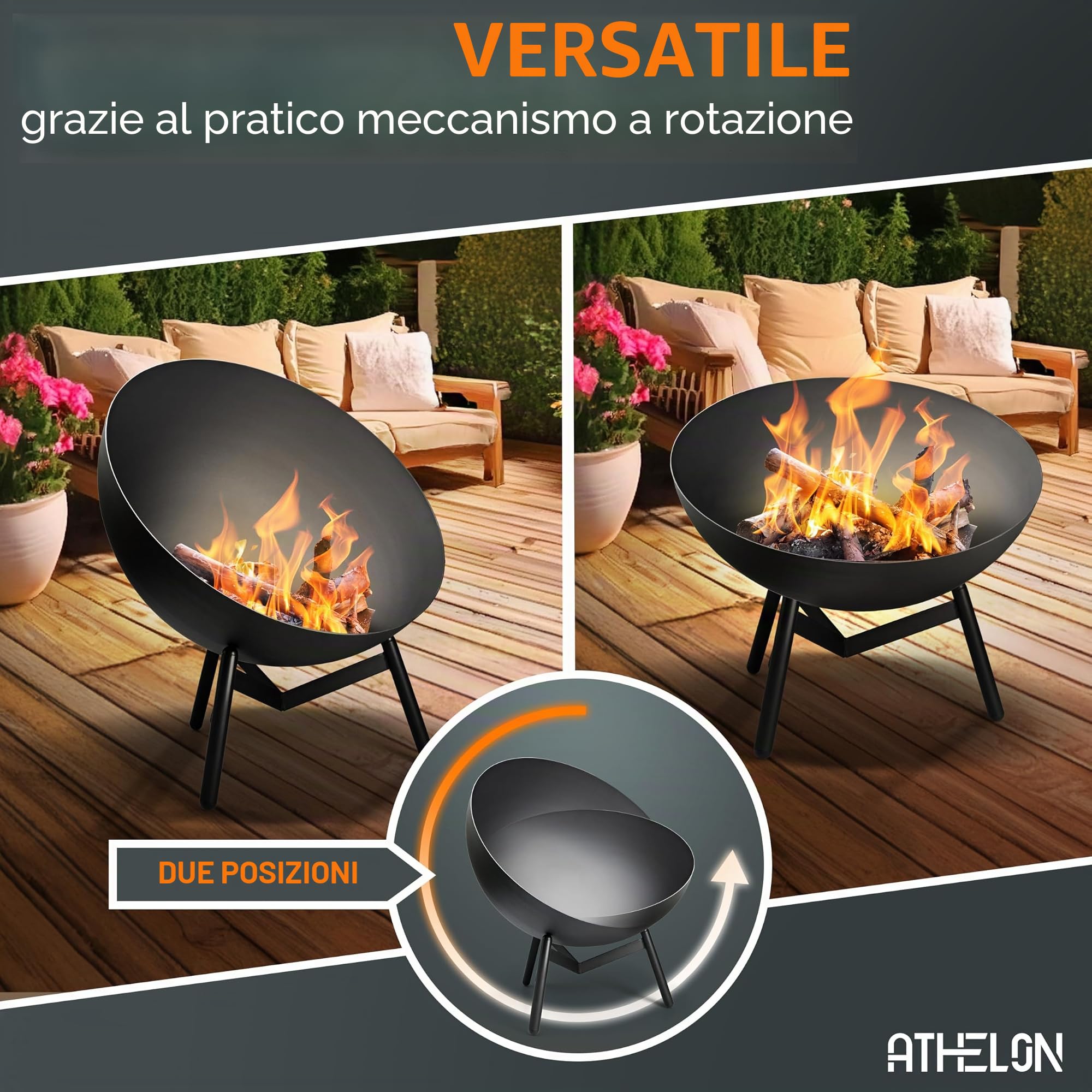 ATHELON® Braciere [Ø 60 cm] - Braciere da esterno resistente alle intemperie in acciaio per giardino, terrazzo e balcone [con meccanismo di ribaltamento] - incluso accessorio e copertura, nero