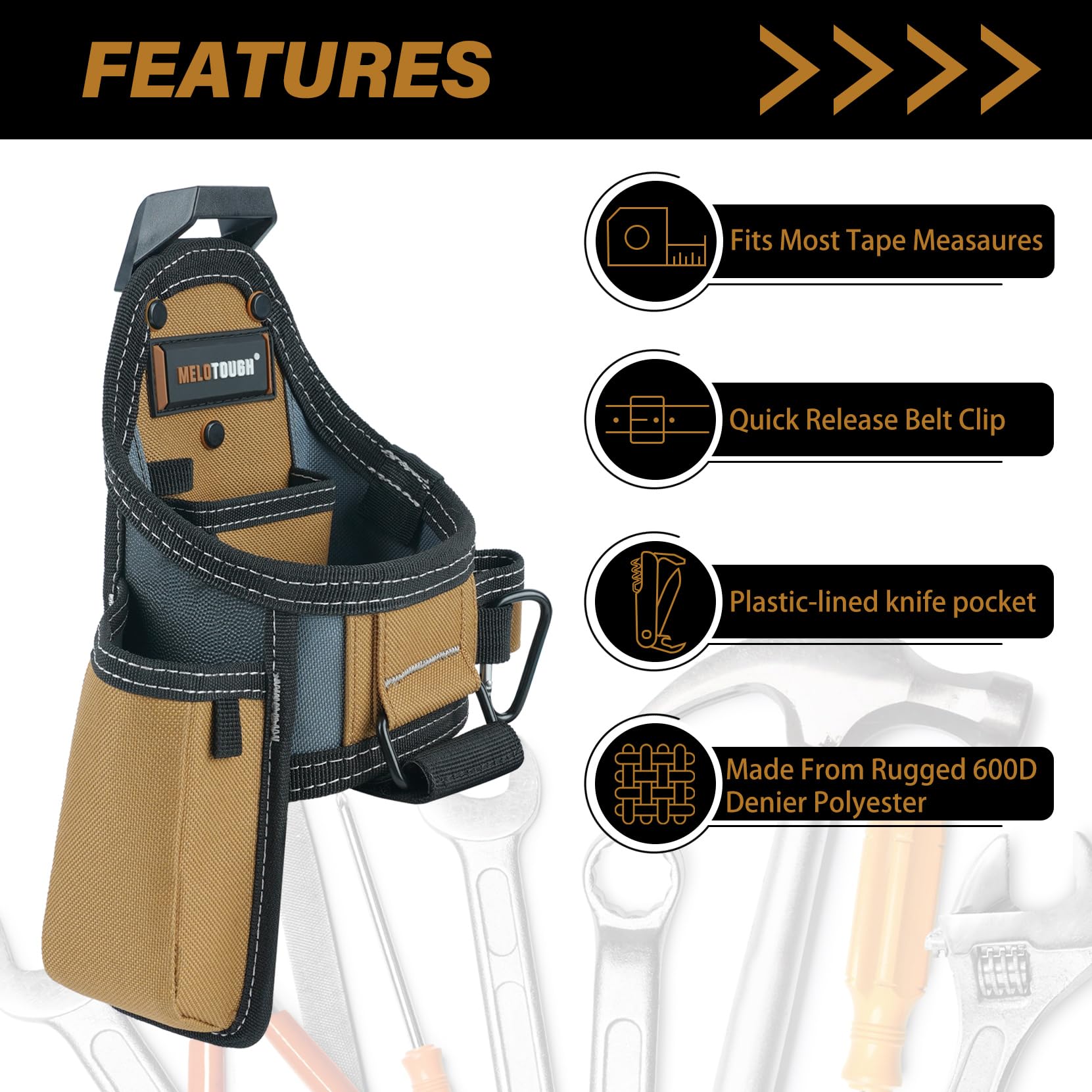 MELOTOUGH Bolsa de cinta métrica/bolsa para cuchillos utilitarios, bolsa para cinturón con clip para cinturón, soporte de bolsillo para cuchillos para electricistas, carpinteros, contratistas