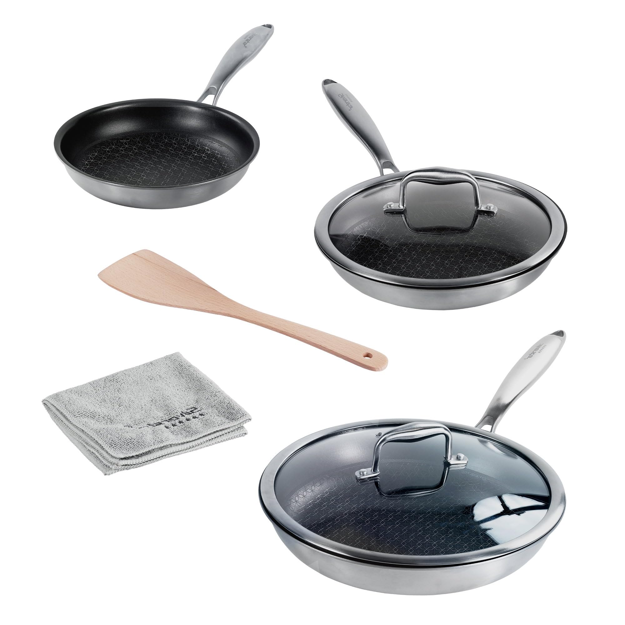 Silverstar Set di padelle in acciaio inox, 20/24/28 cm, con coperchio 24/28 cm, spatola a nido d'ape, antigraffio, antiaderente a induzione, struttura a nido d'ape, per tutti i piani cottura, forno,