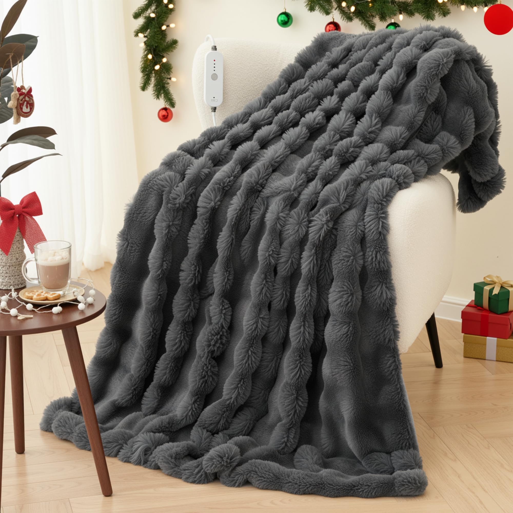 Electric Heated Blanket 150 x 200 cm, Bubble Fabric in Rabbit Fleece and Flannel, 4 Heat Levels, 10H Auto Off, Machine Washable for Bed, Sofa, Office (Grey) OEKO-TEX STANDARD 100
