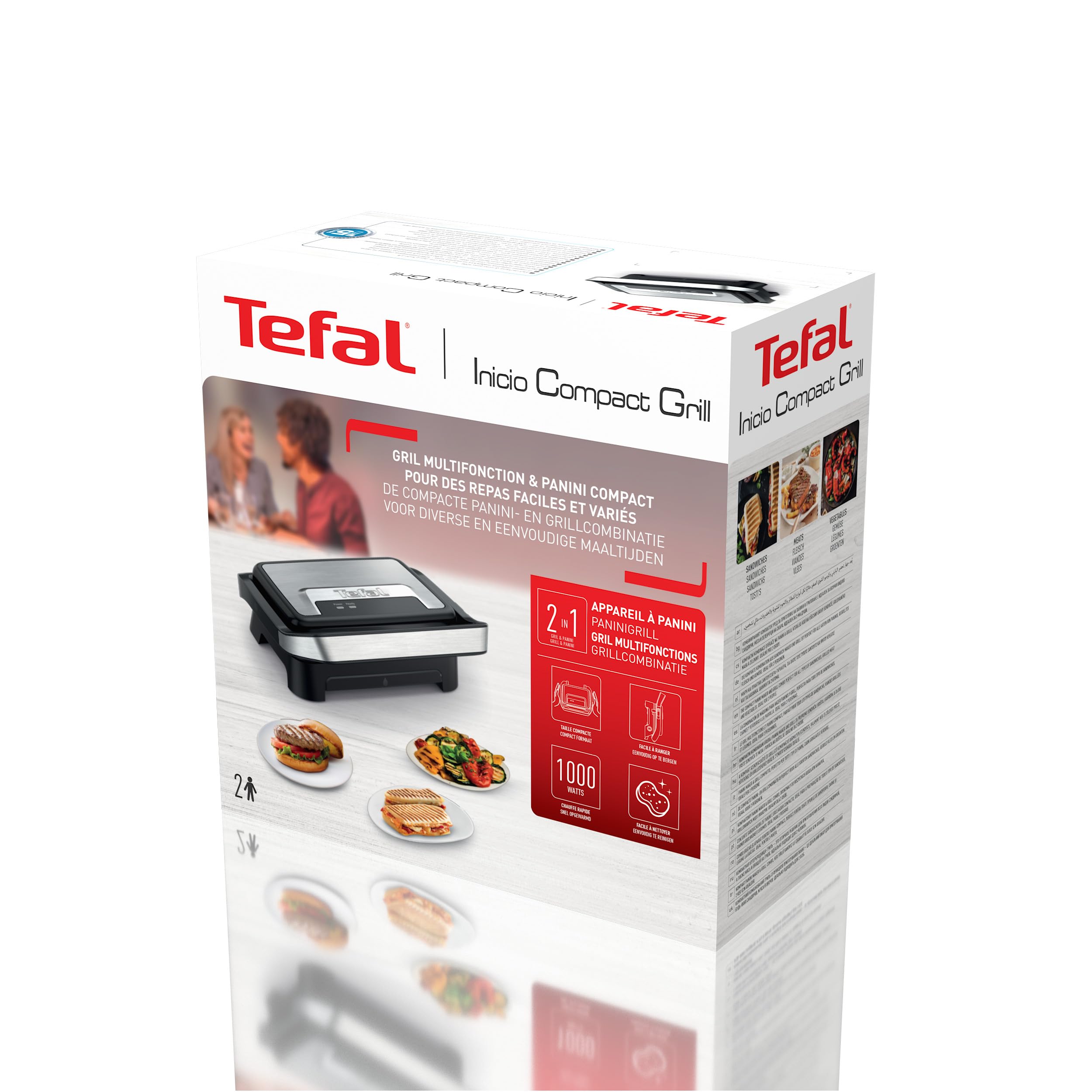 Tefal Gril et machine à panini, Plaques de cuisson antiadhésives, Nettoyage facile, Rangement facile, Inicio Compact, GC270D10