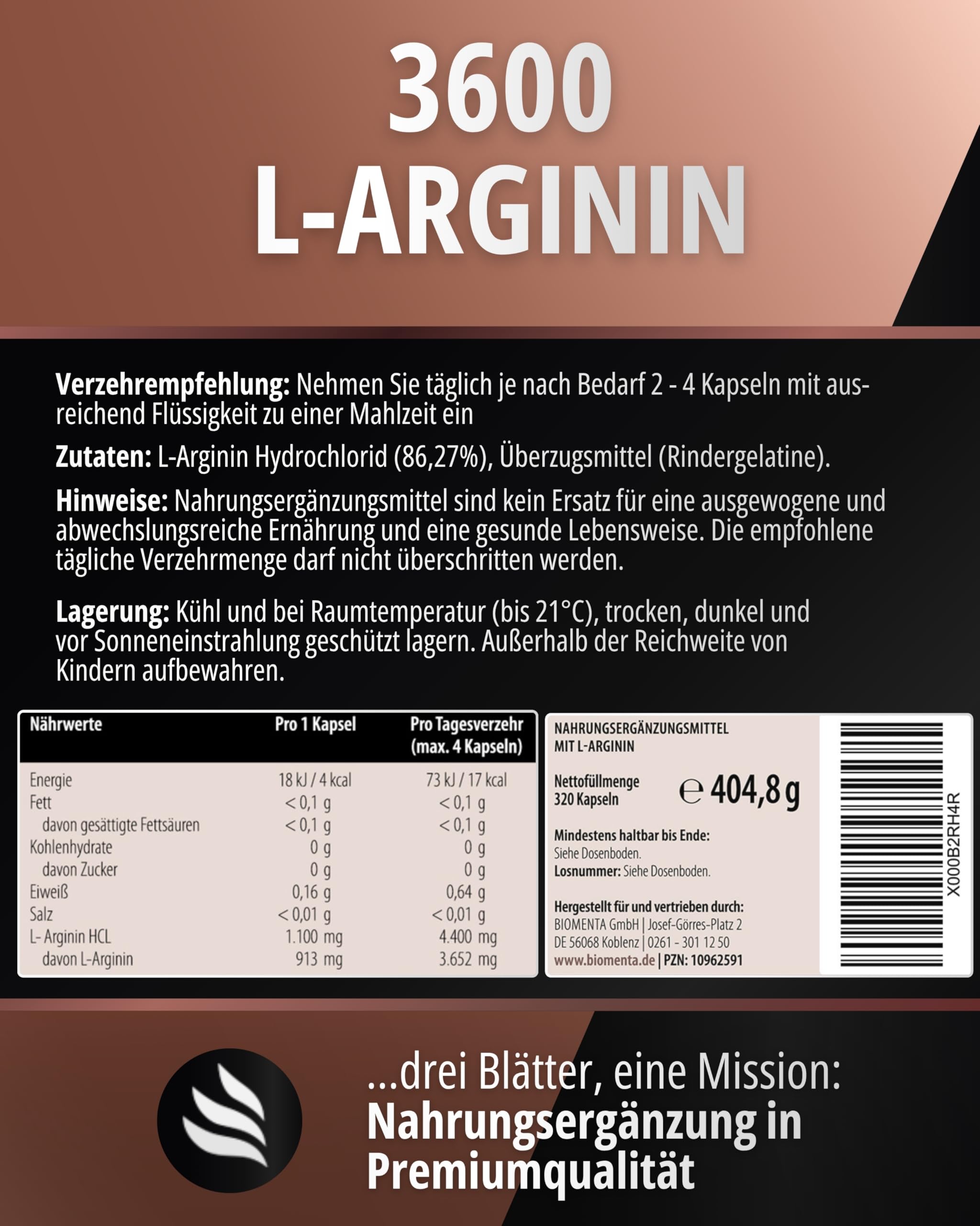 BIOMENTA L-Arginin Hochdosiert I 320 Kapseln mit 913 mg reine Aminosäuren pro Einheit I Pre Workout Nahrungsergänzungsmittel ohne Zusätze I Laktosefrei, sojafrei & glutenfrei I Laborgeprüfte Qualität